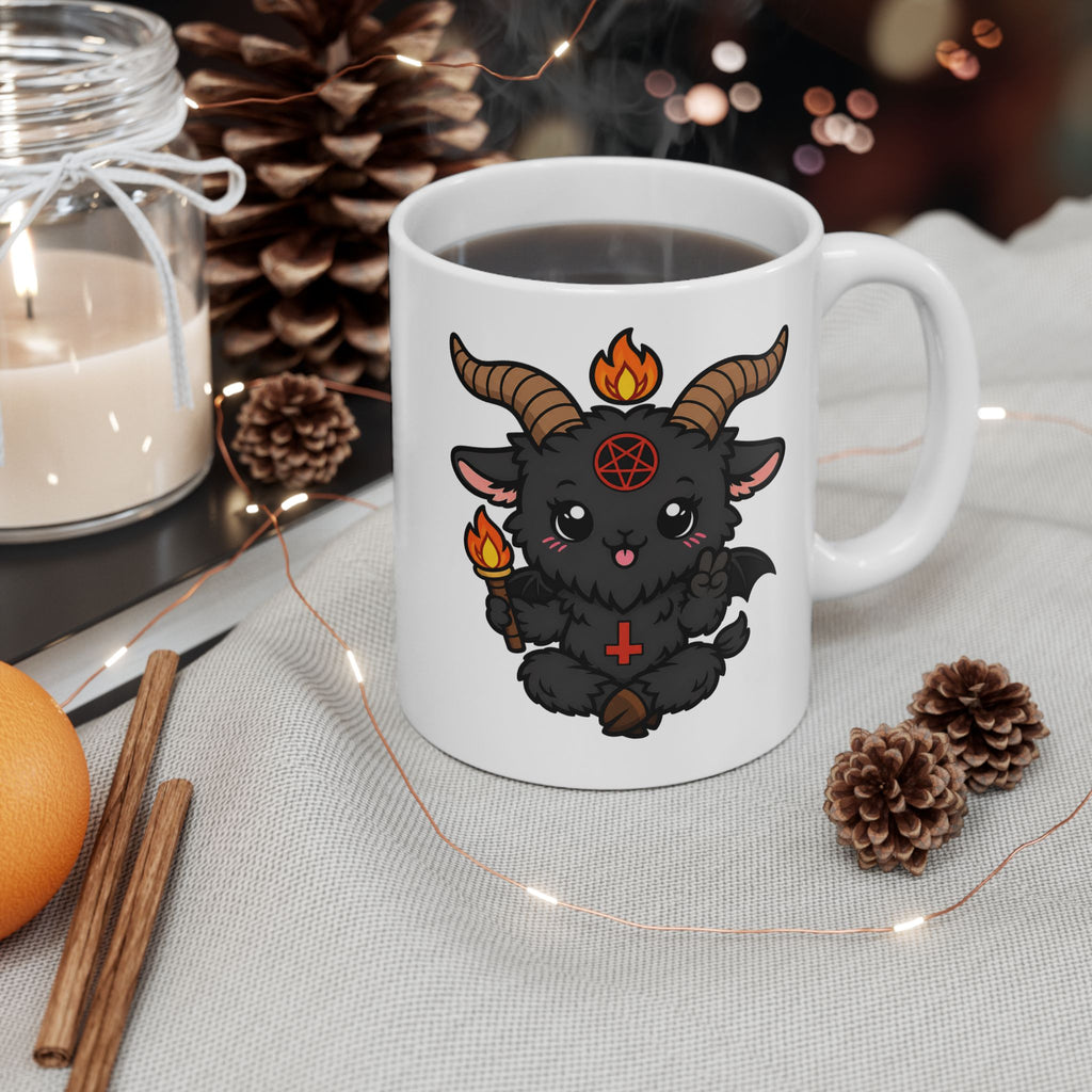 Cute Goat Mug with Candle Illustration — Funny Animal Ceramic Coffee Cup (11oz, 15oz)