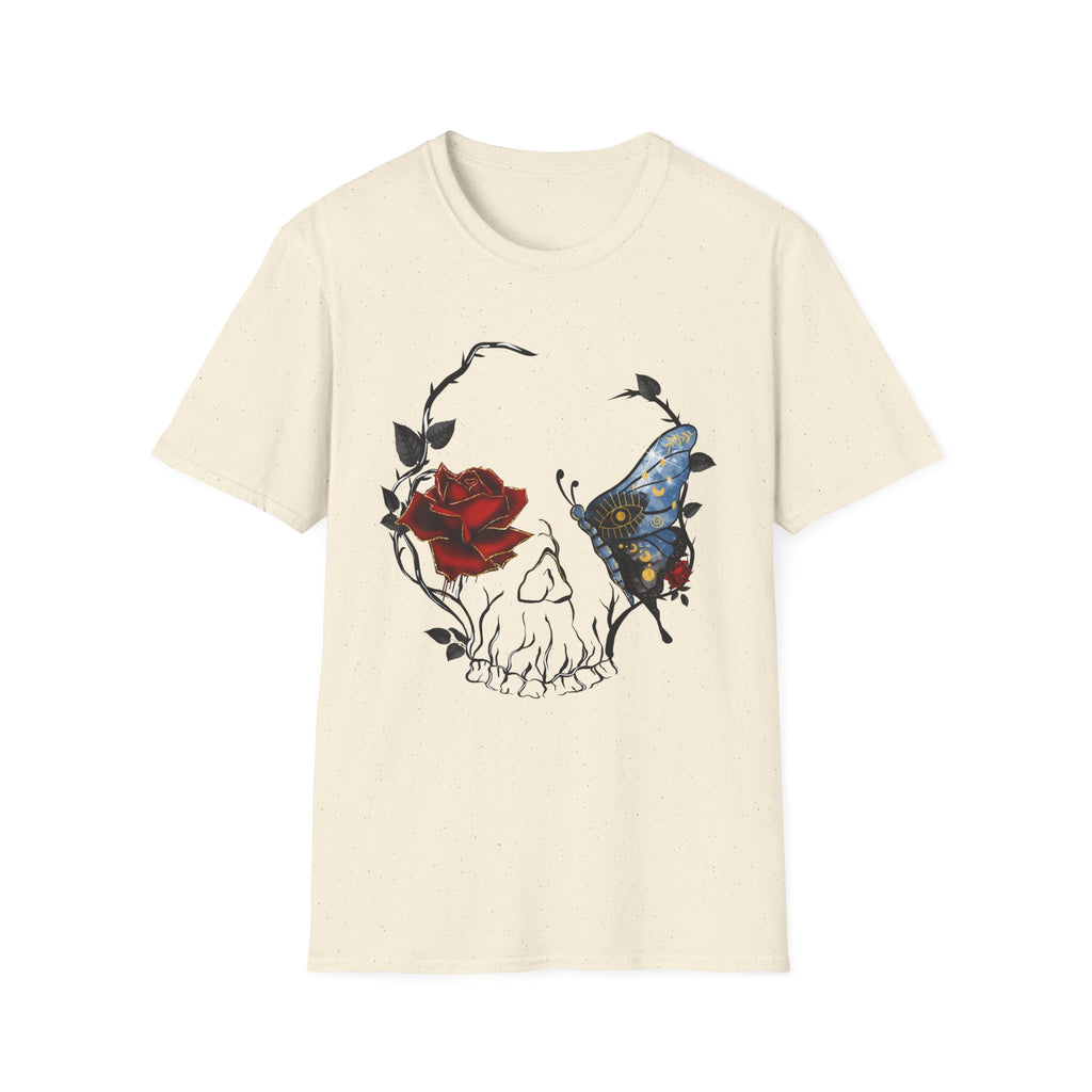 Mystic Moth & Crimson Rose Gothic T-Shirt | Celestial Butterfly Dark Aesthetic Design, Unisex Softstyle T-Shirt