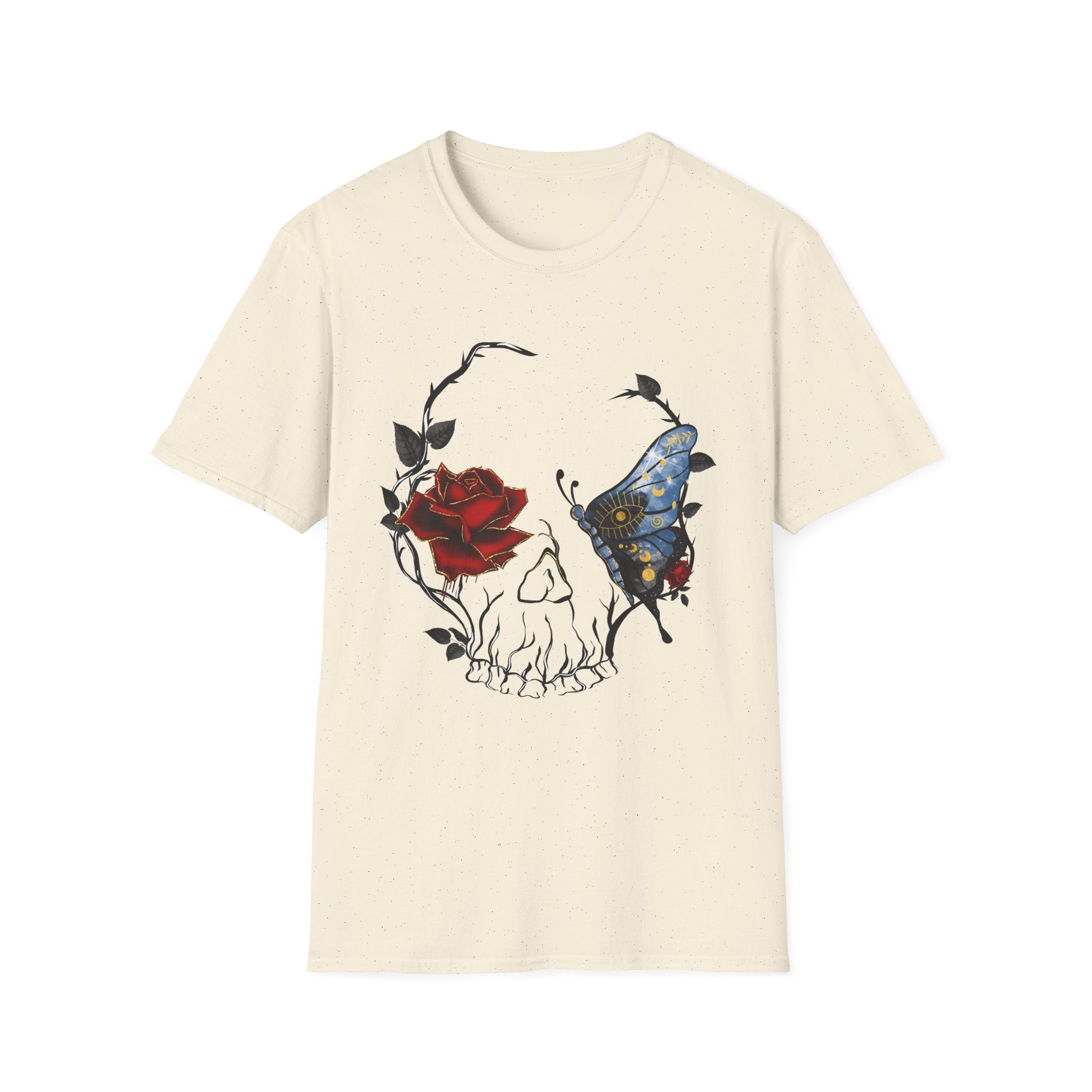 Mystic Moth & Crimson Rose Gothic T-Shirt | Celestial Butterfly Dark Aesthetic Design, Unisex Softstyle T-Shirt