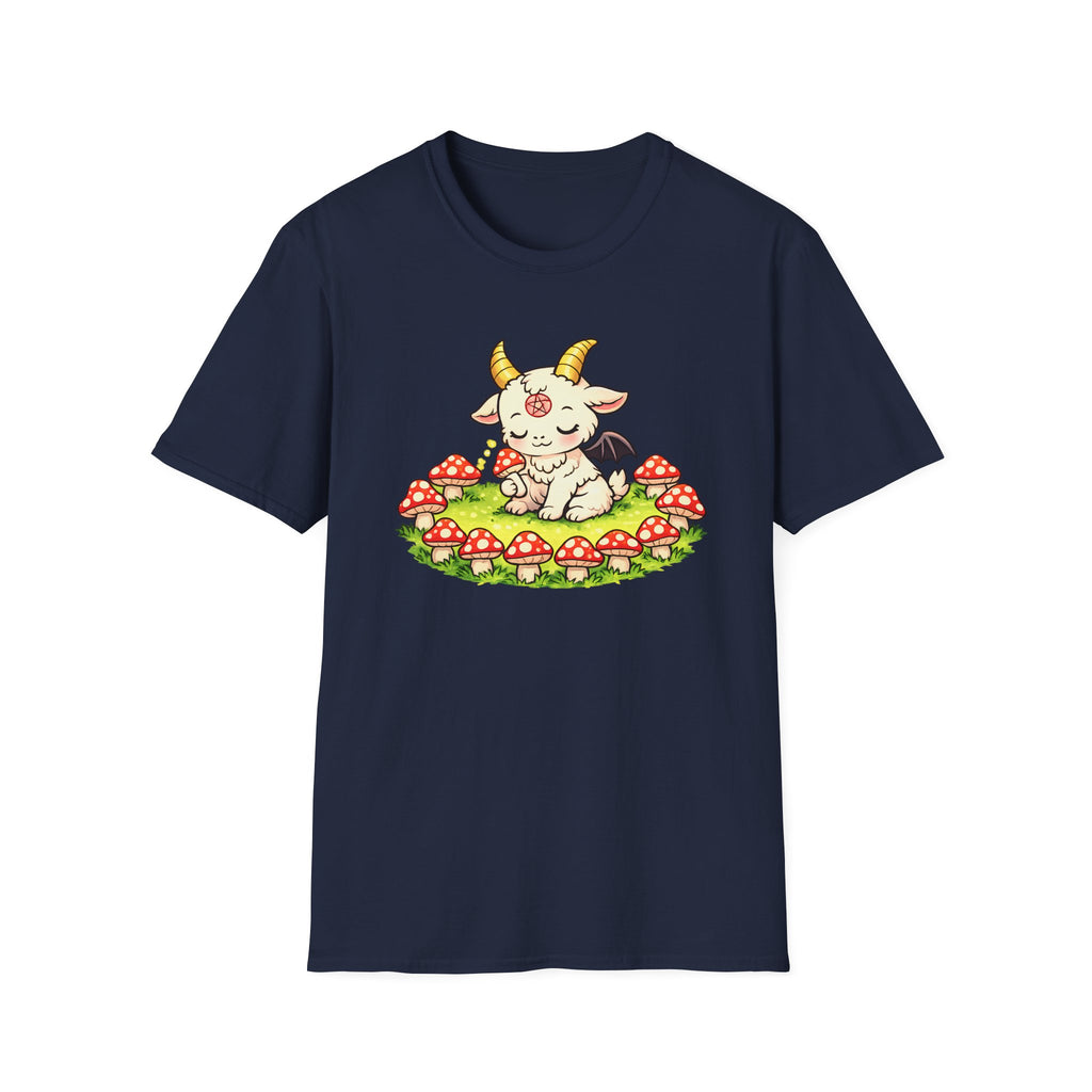 Cute Occult Baby Goat T-Shirt – Kawaii Dark Fantasy Mushroom Circle Design, Unisex Softstyle T-Shirt