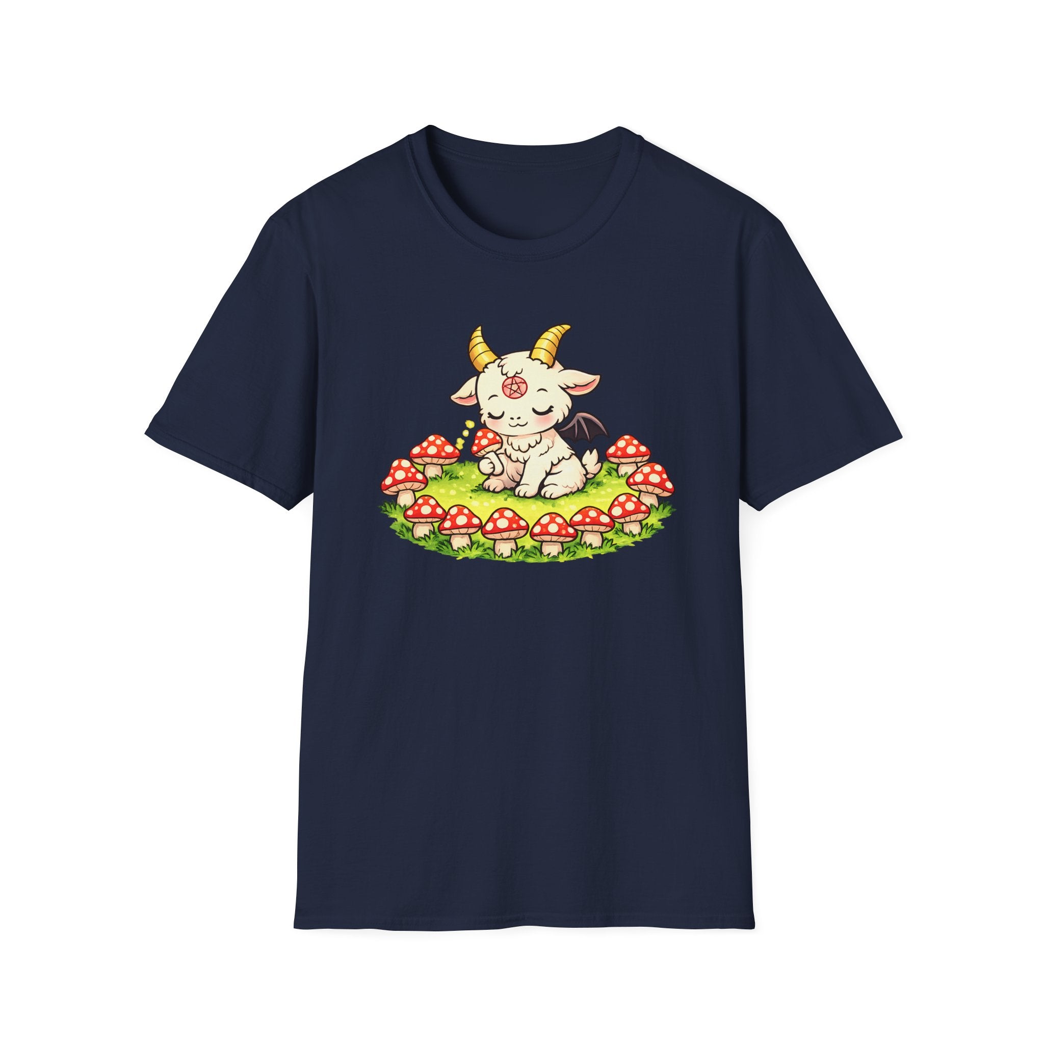 Cute Occult Baby Goat T-Shirt – Kawaii Dark Fantasy Mushroom Circle Design, Unisex Softstyle T-Shirt