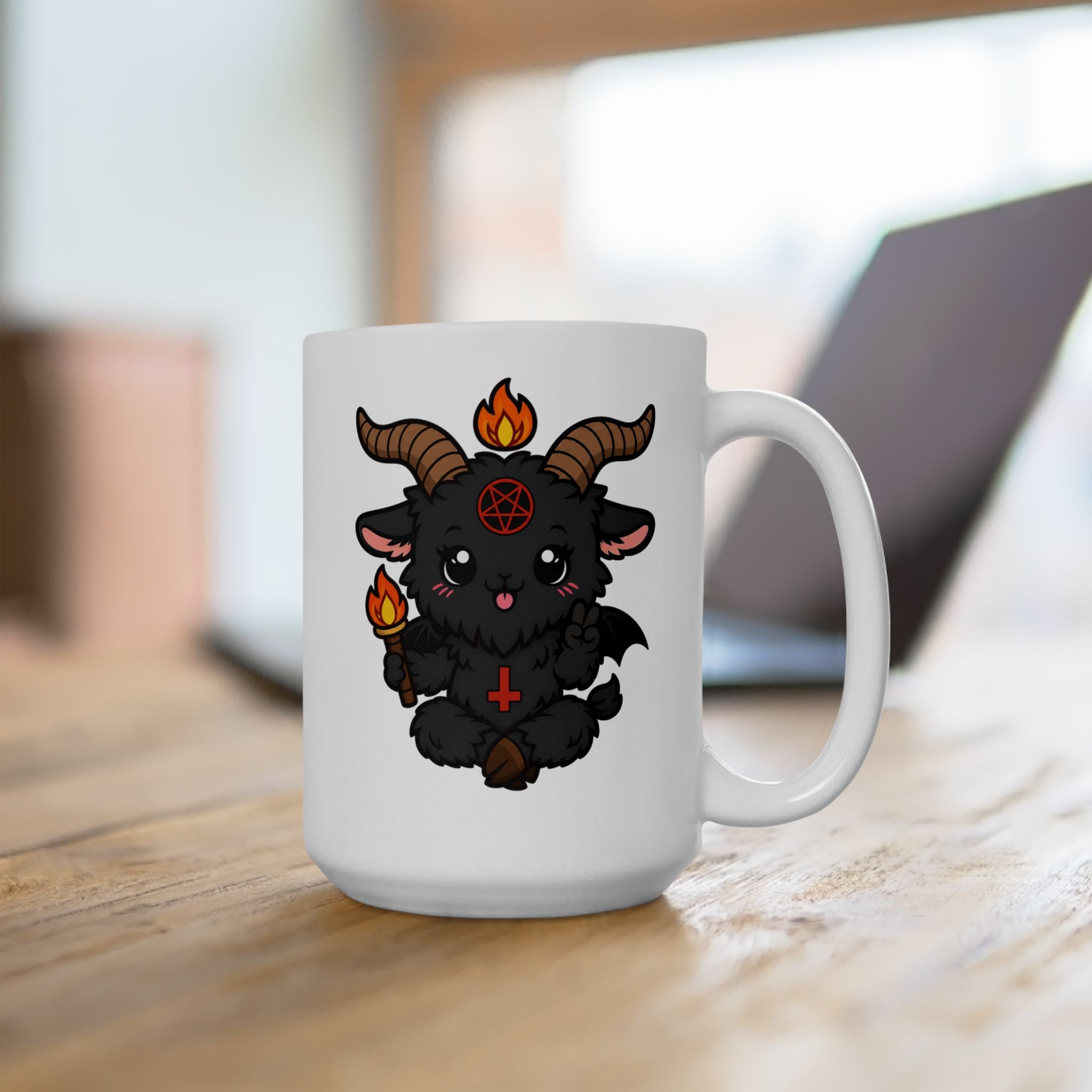 Cute Goat Mug with Candle Illustration — Funny Animal Ceramic Coffee Cup (11oz, 15oz)