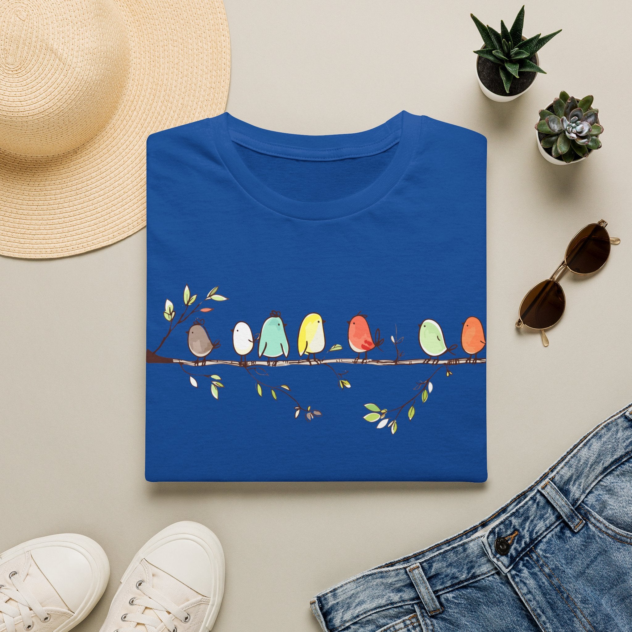 Cute Colorful Birds on a Branch | Whimsical Nature T-Shirt, Unisex Softstyle T-Shirt
