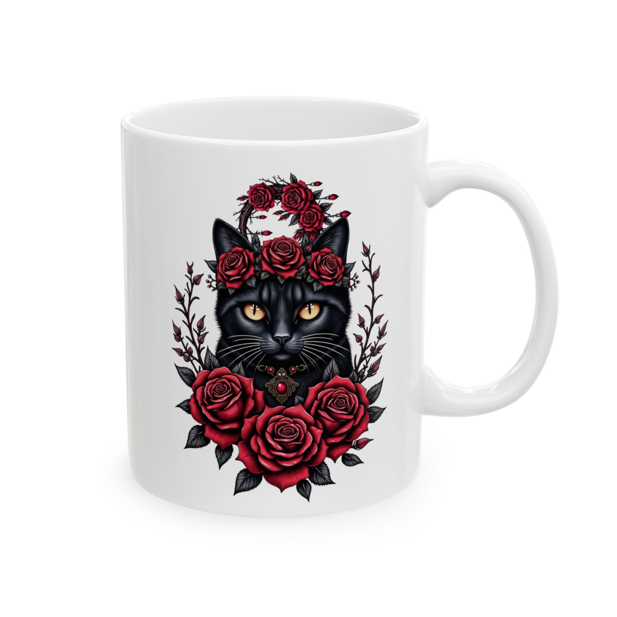 Midnight Rose Cat – Gothic Black Cat Floral Mug Design, Ceramic Mug, (11oz, 15oz)