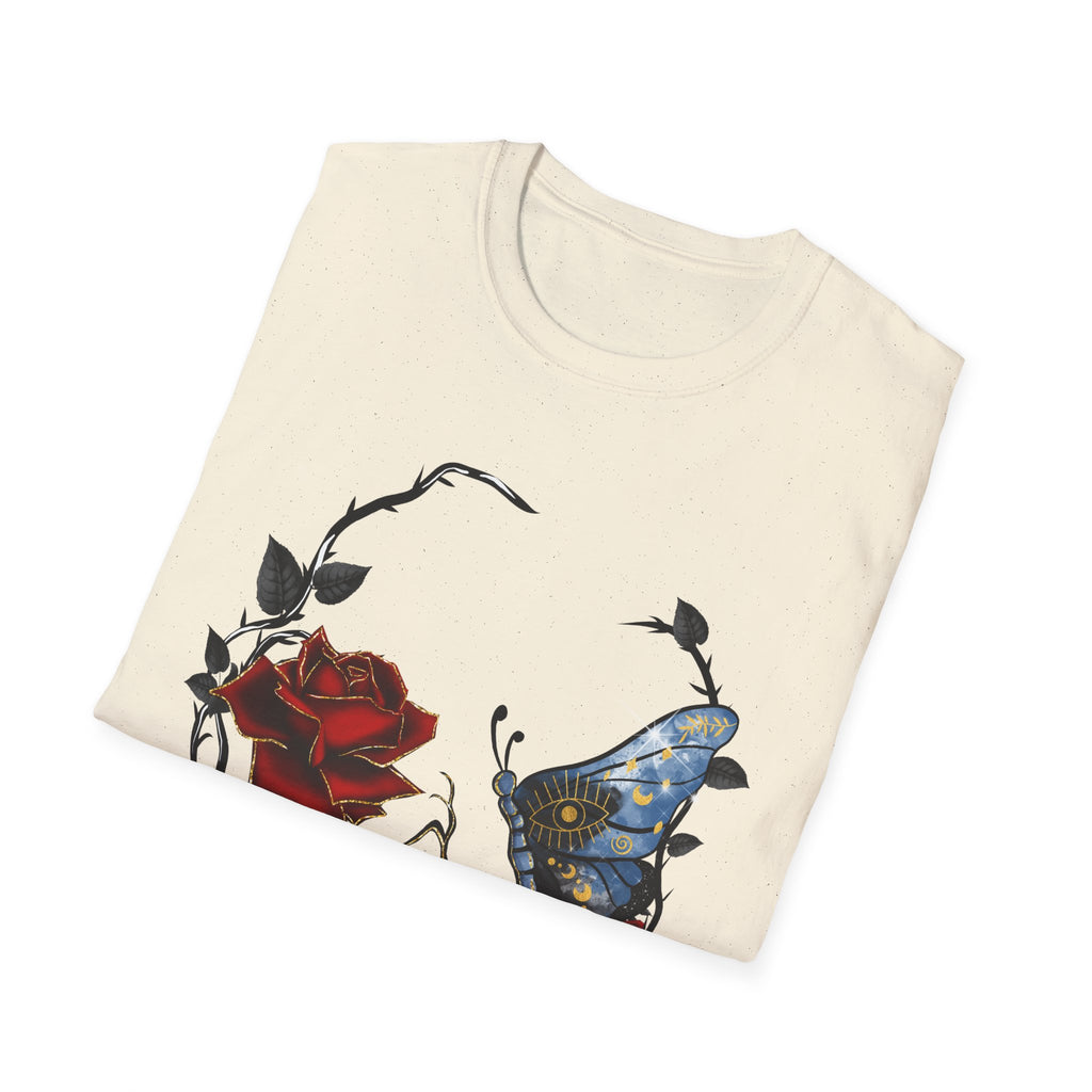 Mystic Moth & Crimson Rose Gothic T-Shirt | Celestial Butterfly Dark Aesthetic Design, Unisex Softstyle T-Shirt