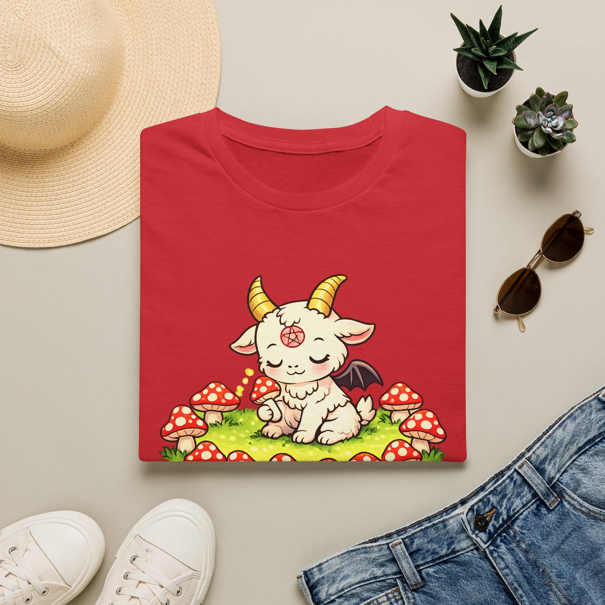 Cute Occult Baby Goat T-Shirt – Kawaii Dark Fantasy Mushroom Circle Design, Unisex Softstyle T-Shirt