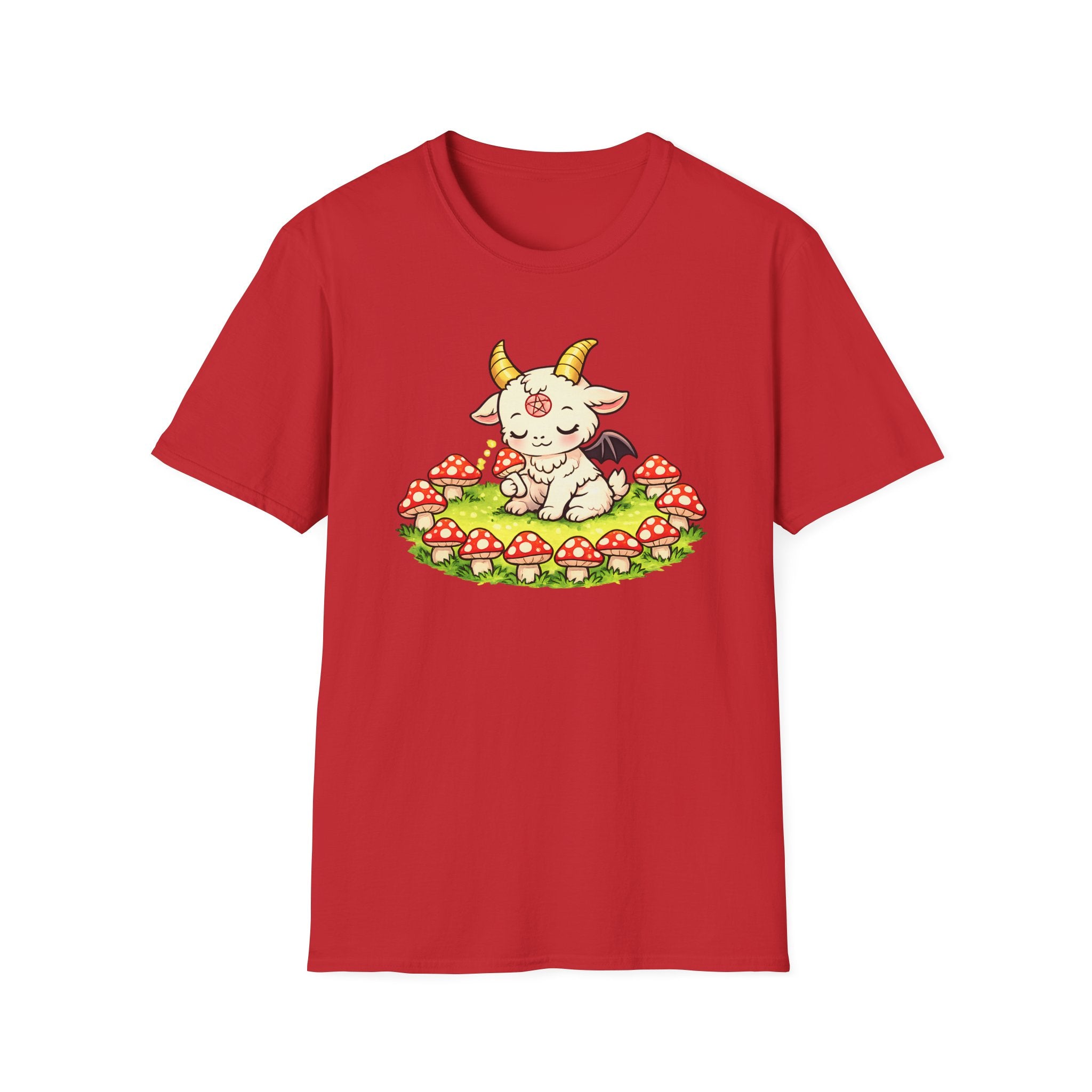 Cute Occult Baby Goat T-Shirt – Kawaii Dark Fantasy Mushroom Circle Design, Unisex Softstyle T-Shirt