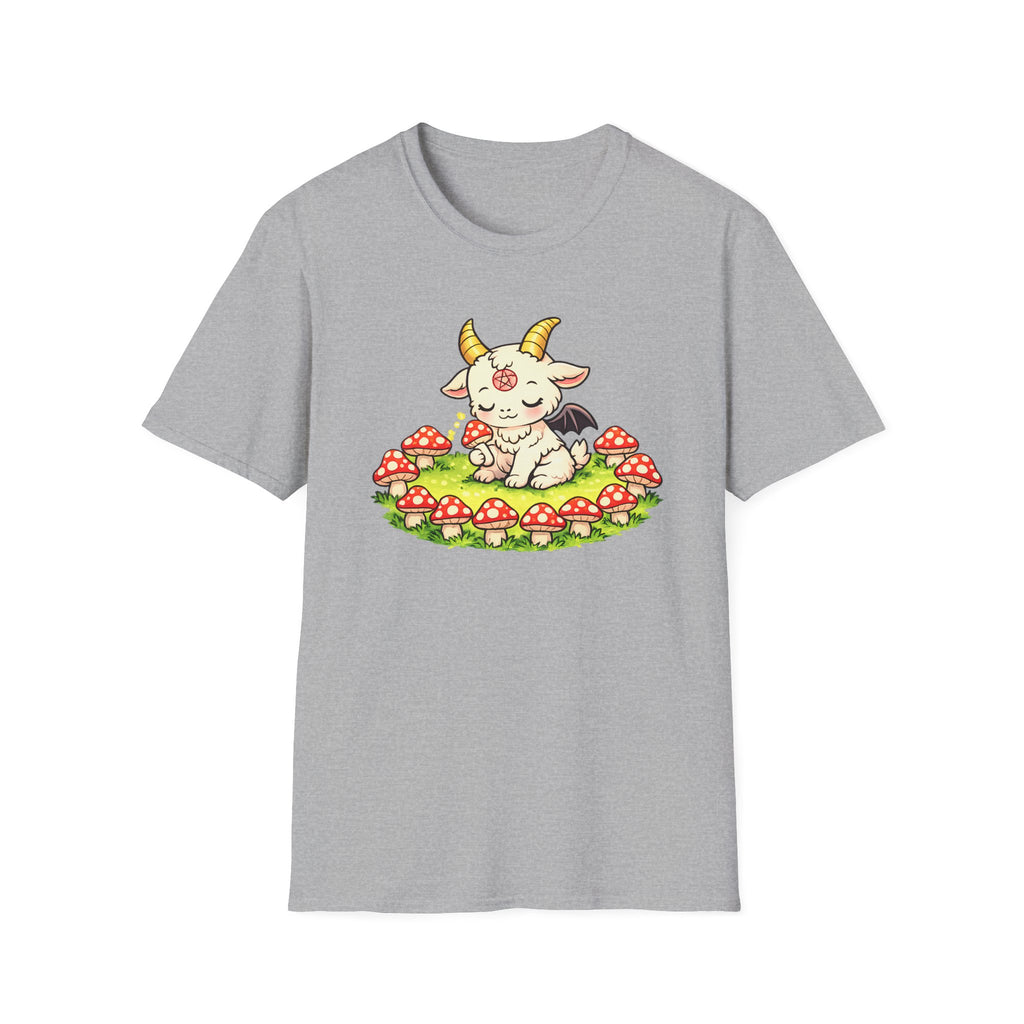 Cute Occult Baby Goat T-Shirt – Kawaii Dark Fantasy Mushroom Circle Design, Unisex Softstyle T-Shirt