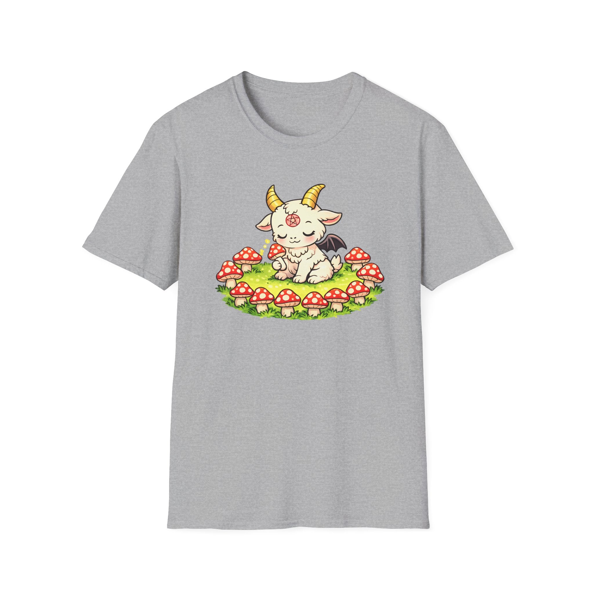 Cute Occult Baby Goat T-Shirt – Kawaii Dark Fantasy Mushroom Circle Design, Unisex Softstyle T-Shirt
