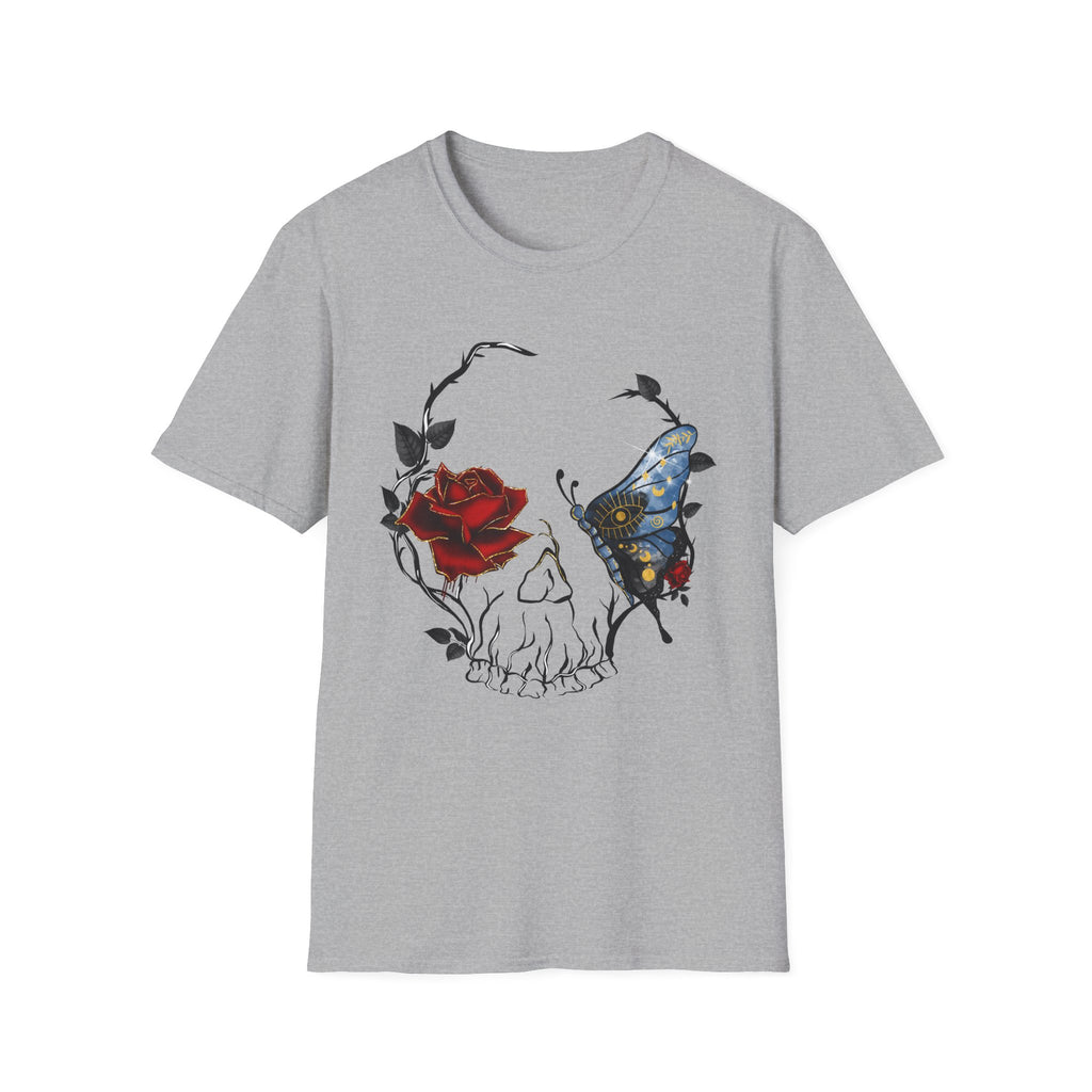 Mystic Moth & Crimson Rose Gothic T-Shirt | Celestial Butterfly Dark Aesthetic Design, Unisex Softstyle T-Shirt