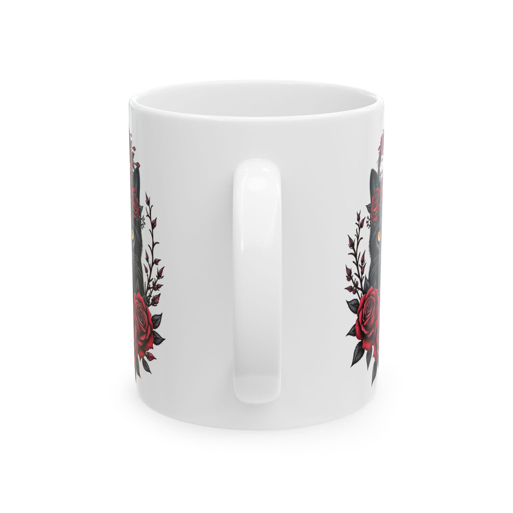 Midnight Rose Cat – Gothic Black Cat Floral Mug Design, Ceramic Mug, (11oz, 15oz)
