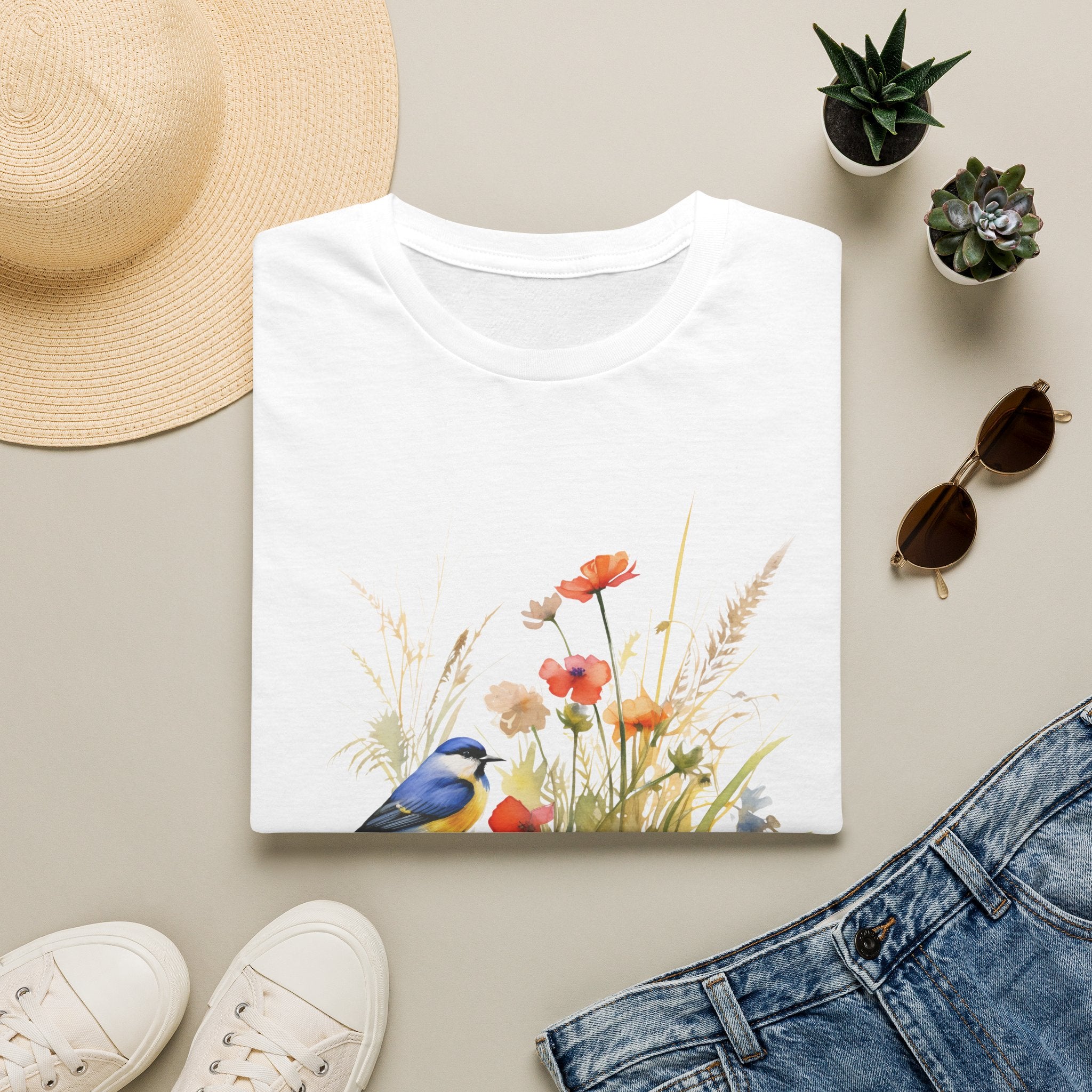 Wildflower Meadow & Butterflies Vintage Botanical T-Shirt, Unisex Softstyle T-Shirt