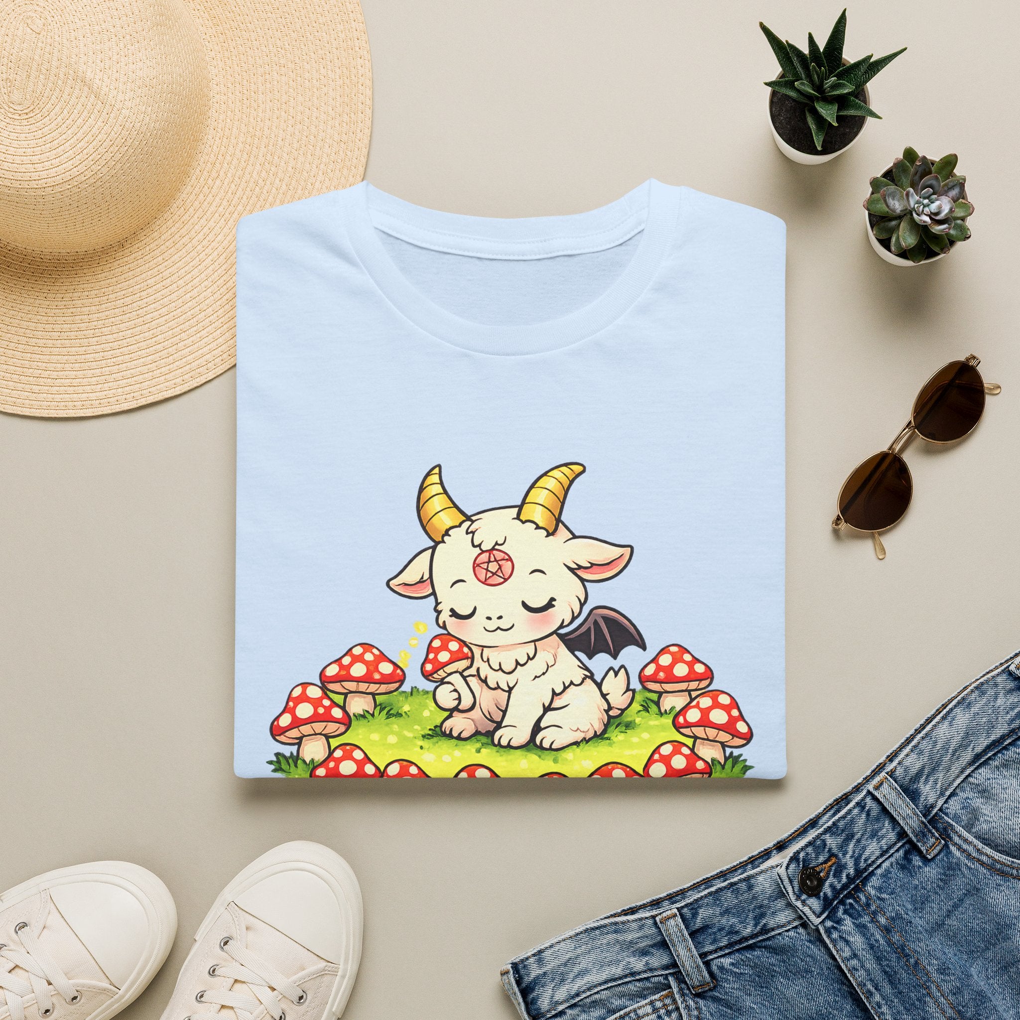 Cute Occult Baby Goat T-Shirt – Kawaii Dark Fantasy Mushroom Circle Design, Unisex Softstyle T-Shirt