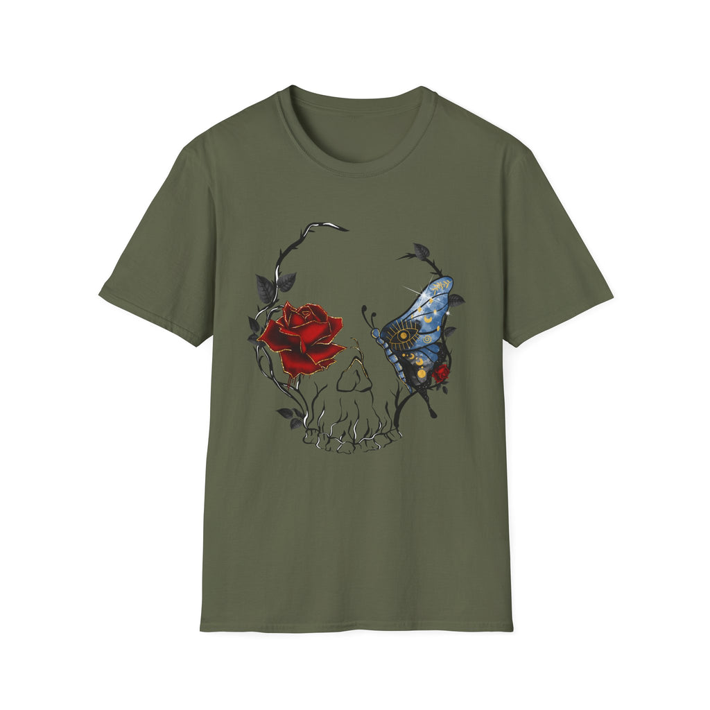 Mystic Moth & Crimson Rose Gothic T-Shirt | Celestial Butterfly Dark Aesthetic Design, Unisex Softstyle T-Shirt