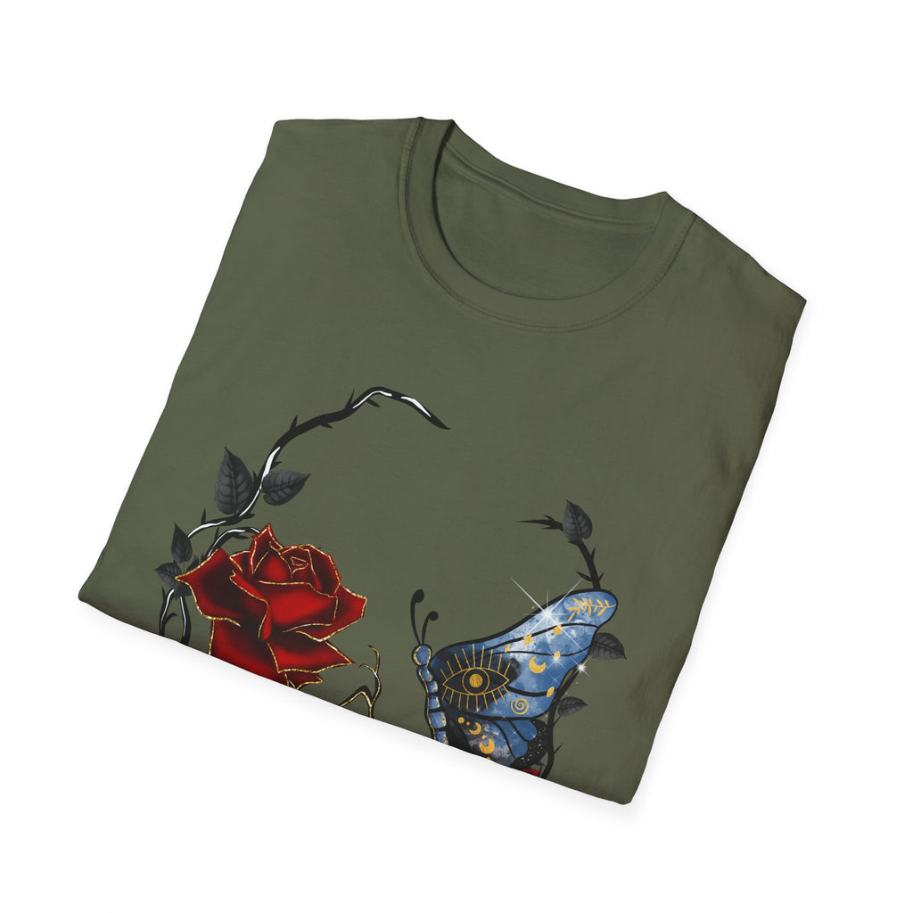 Mystic Moth & Crimson Rose Gothic T-Shirt | Celestial Butterfly Dark Aesthetic Design, Unisex Softstyle T-Shirt