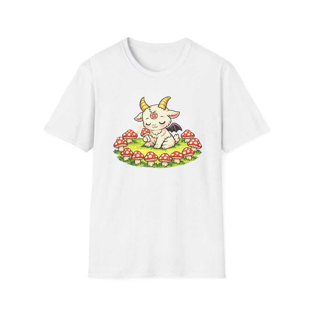 Cute Occult Baby Goat T-Shirt – Kawaii Dark Fantasy Mushroom Circle Design, Unisex Softstyle T-Shirt