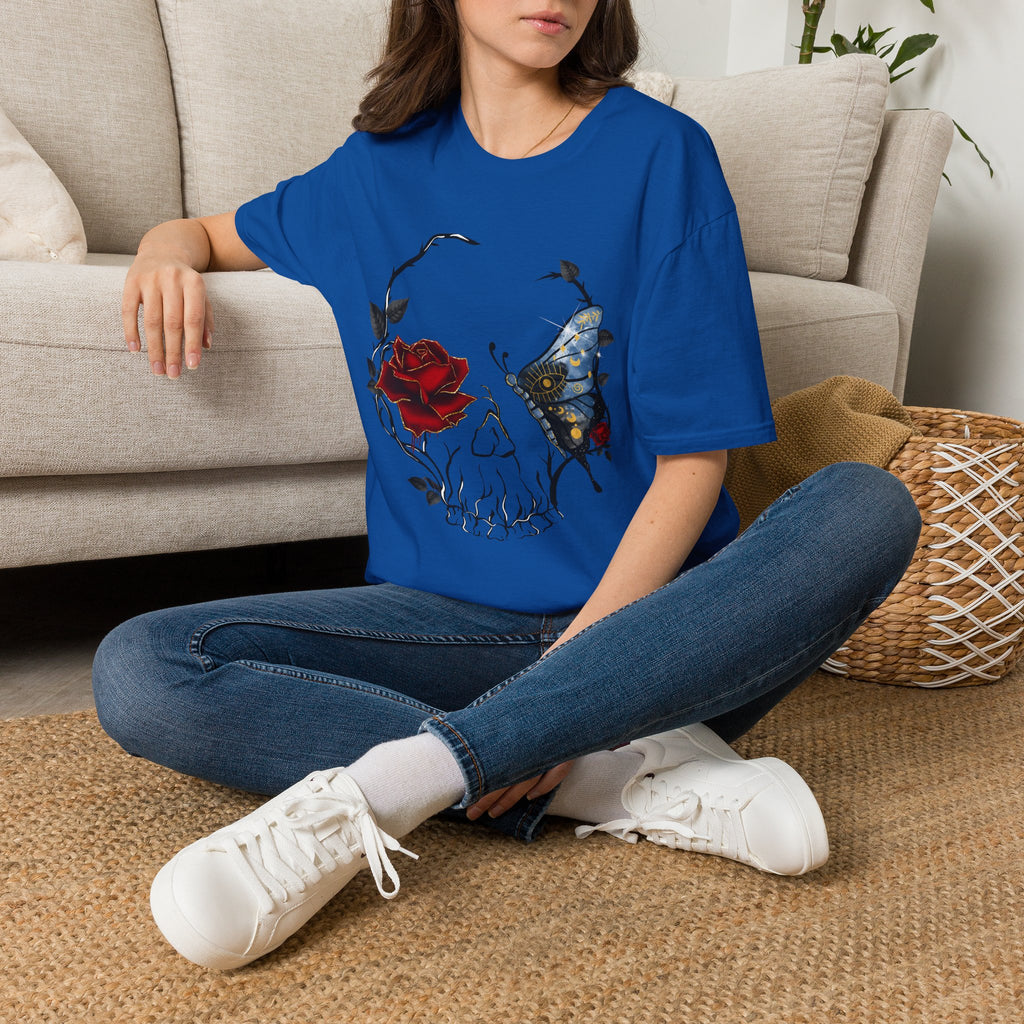 Mystic Moth & Crimson Rose Gothic T-Shirt | Celestial Butterfly Dark Aesthetic Design, Unisex Softstyle T-Shirt