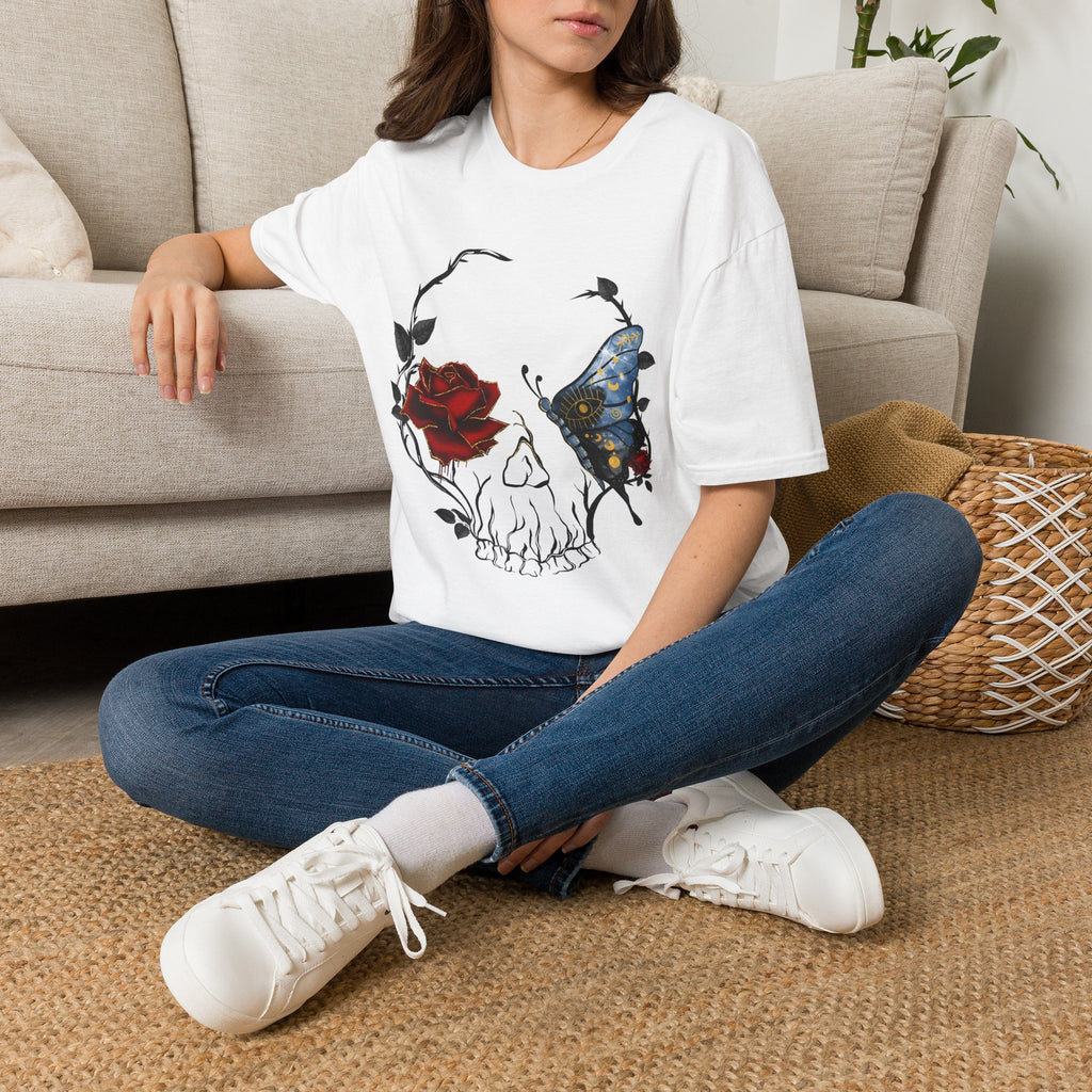 Mystic Moth & Crimson Rose Gothic T-Shirt | Celestial Butterfly Dark Aesthetic Design, Unisex Softstyle T-Shirt