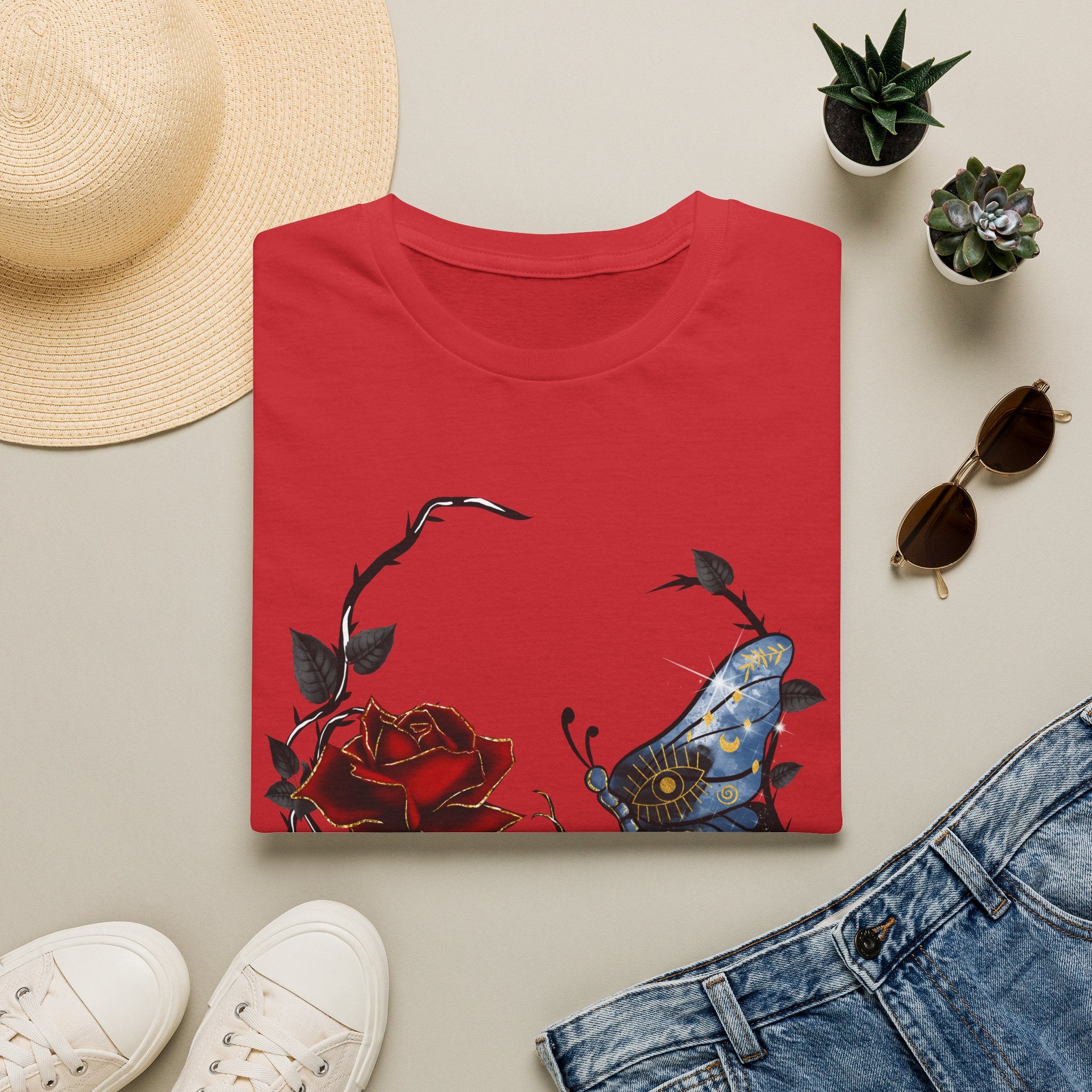 Mystic Moth & Crimson Rose Gothic T-Shirt | Celestial Butterfly Dark Aesthetic Design, Unisex Softstyle T-Shirt