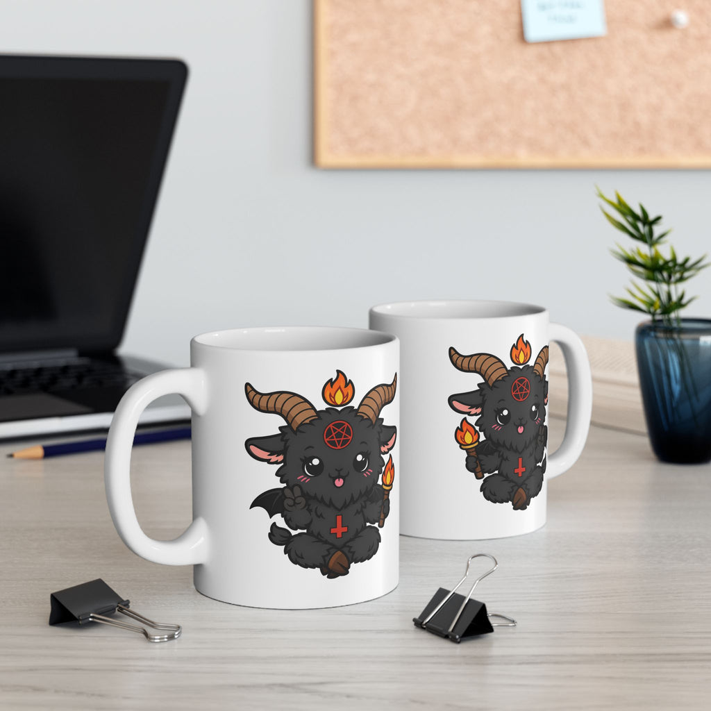 Cute Goat Mug with Candle Illustration — Funny Animal Ceramic Coffee Cup (11oz, 15oz)