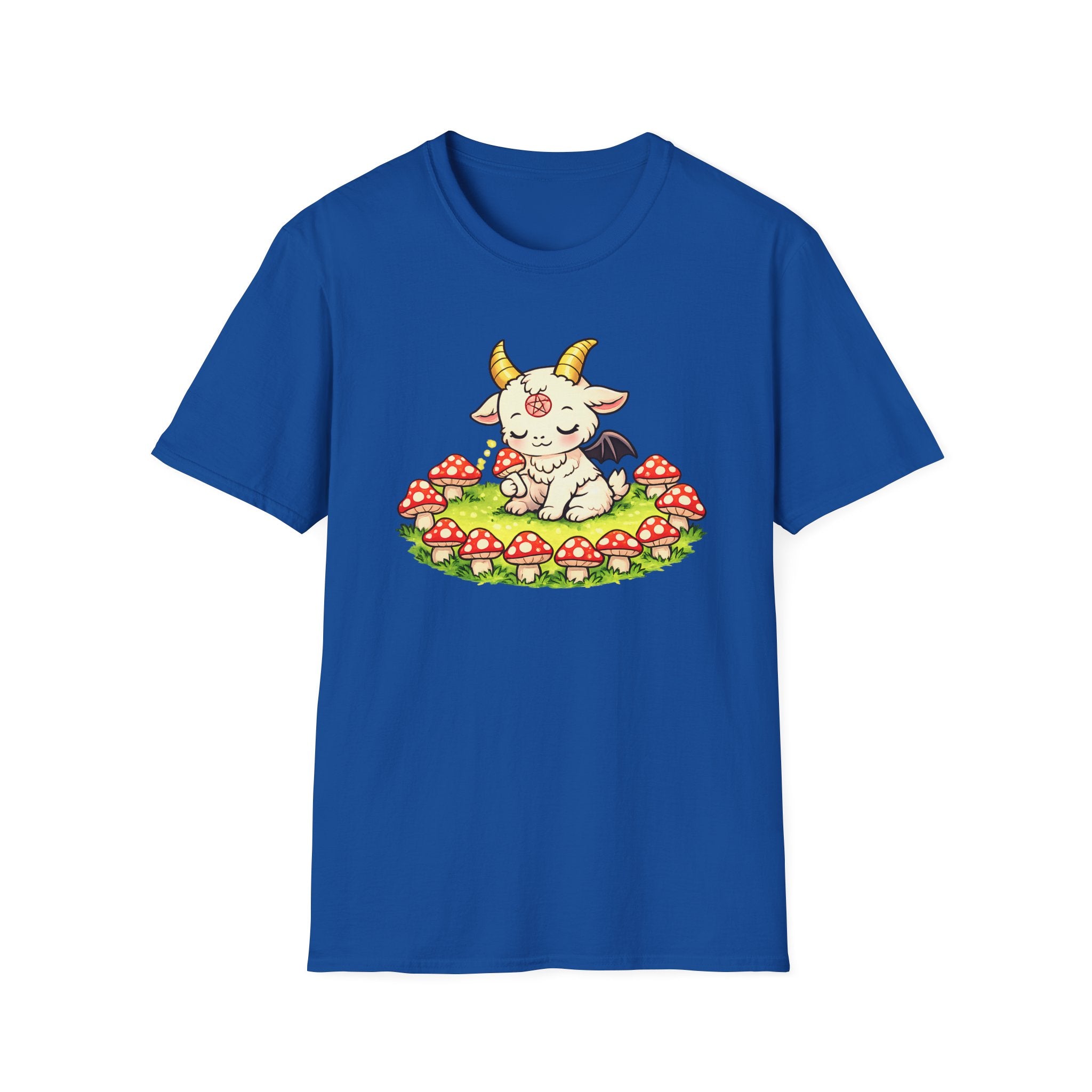 Cute Occult Baby Goat T-Shirt – Kawaii Dark Fantasy Mushroom Circle Design, Unisex Softstyle T-Shirt