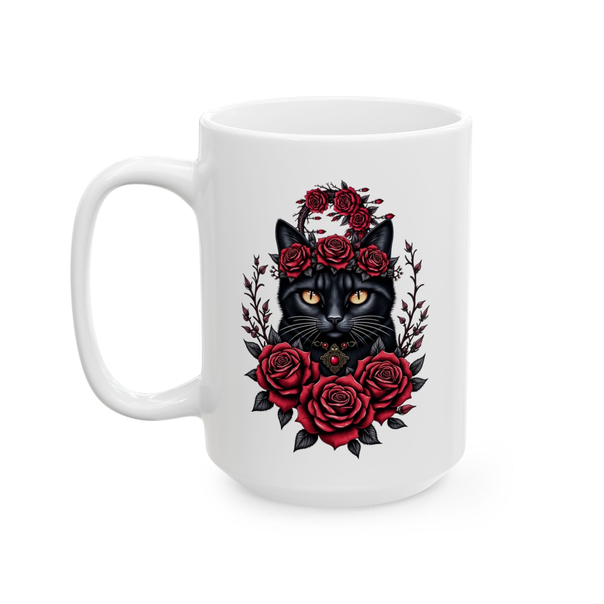 Midnight Rose Cat – Gothic Black Cat Floral Mug Design, Ceramic Mug, (11oz, 15oz)