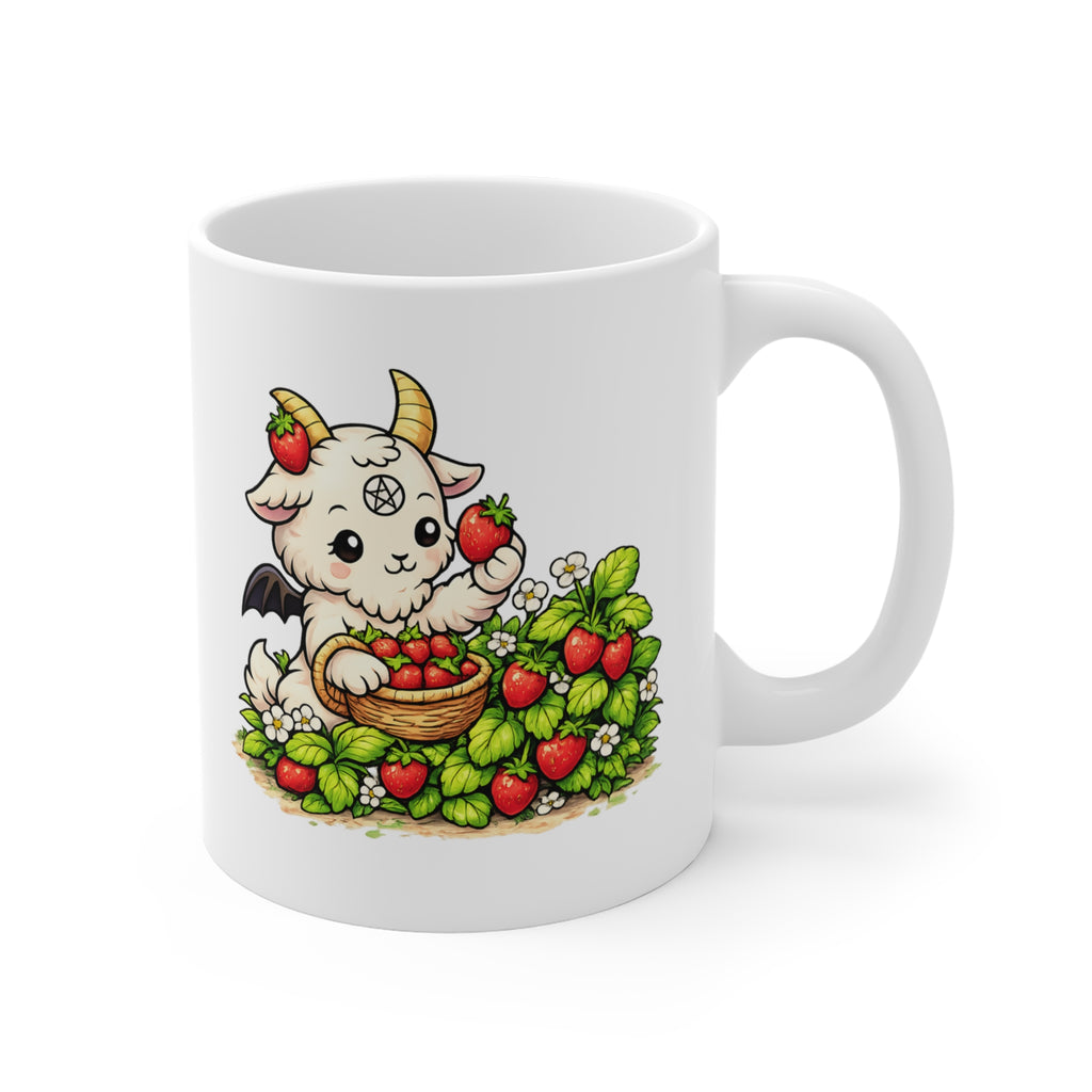 Cute Goat Harvest Mug — Kawaii Baby Goat Picking Strawberries 11oz