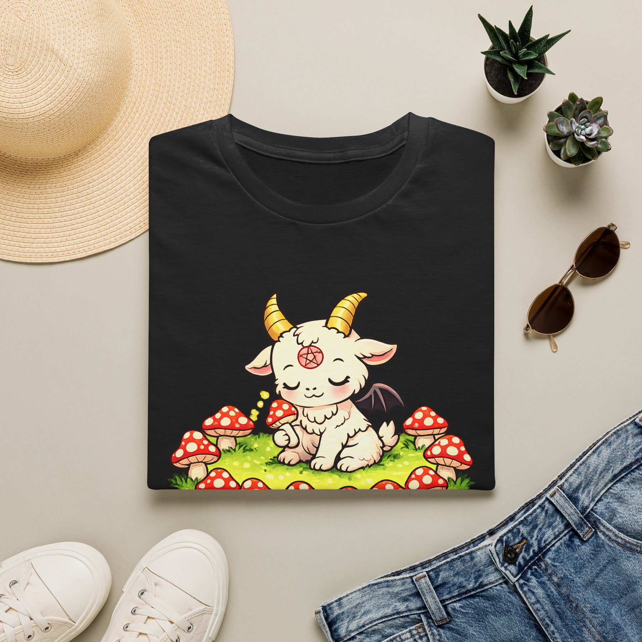 Cute Occult Baby Goat T-Shirt – Kawaii Dark Fantasy Mushroom Circle Design, Unisex Softstyle T-Shirt