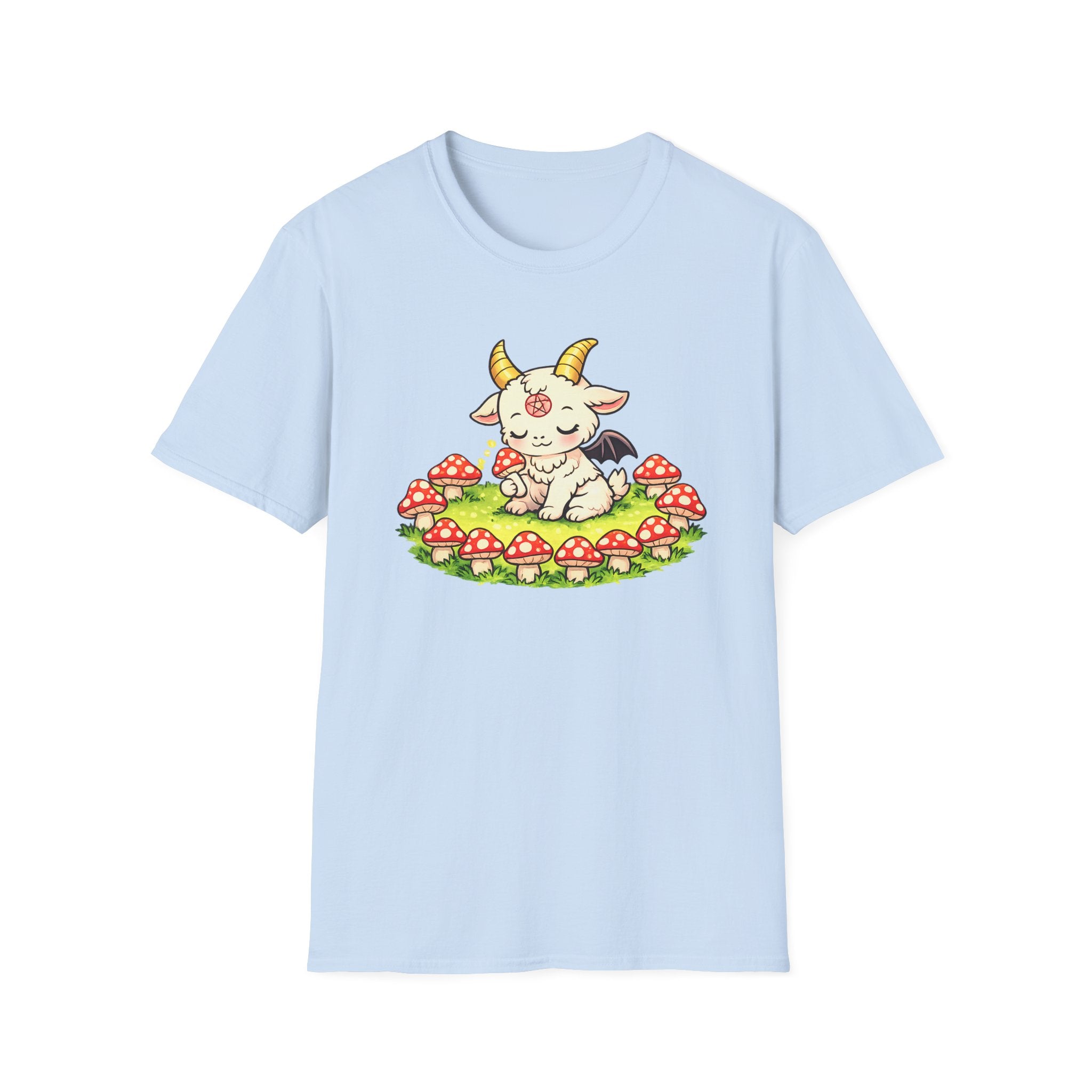 Cute Occult Baby Goat T-Shirt – Kawaii Dark Fantasy Mushroom Circle Design, Unisex Softstyle T-Shirt