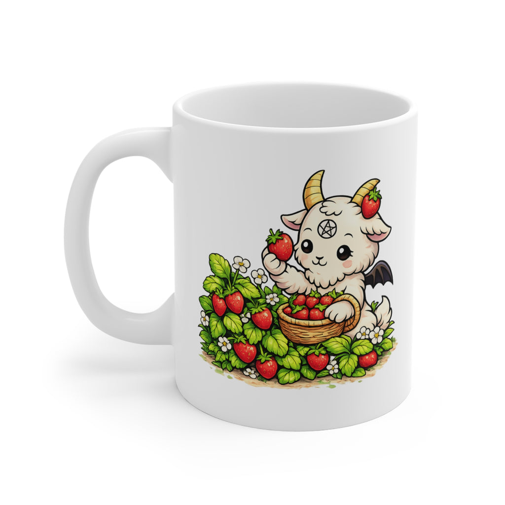 Cute Goat Harvest Mug — Kawaii Baby Goat Picking Strawberries 11oz