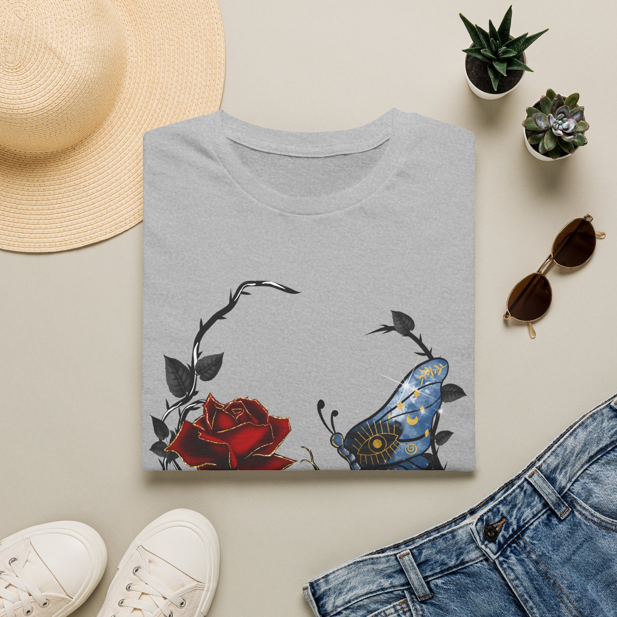 Mystic Moth & Crimson Rose Gothic T-Shirt | Celestial Butterfly Dark Aesthetic Design, Unisex Softstyle T-Shirt