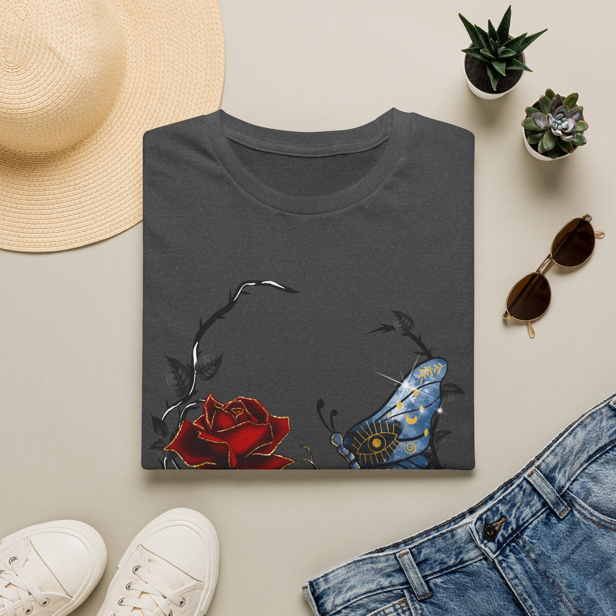 Mystic Moth & Crimson Rose Gothic T-Shirt | Celestial Butterfly Dark Aesthetic Design, Unisex Softstyle T-Shirt