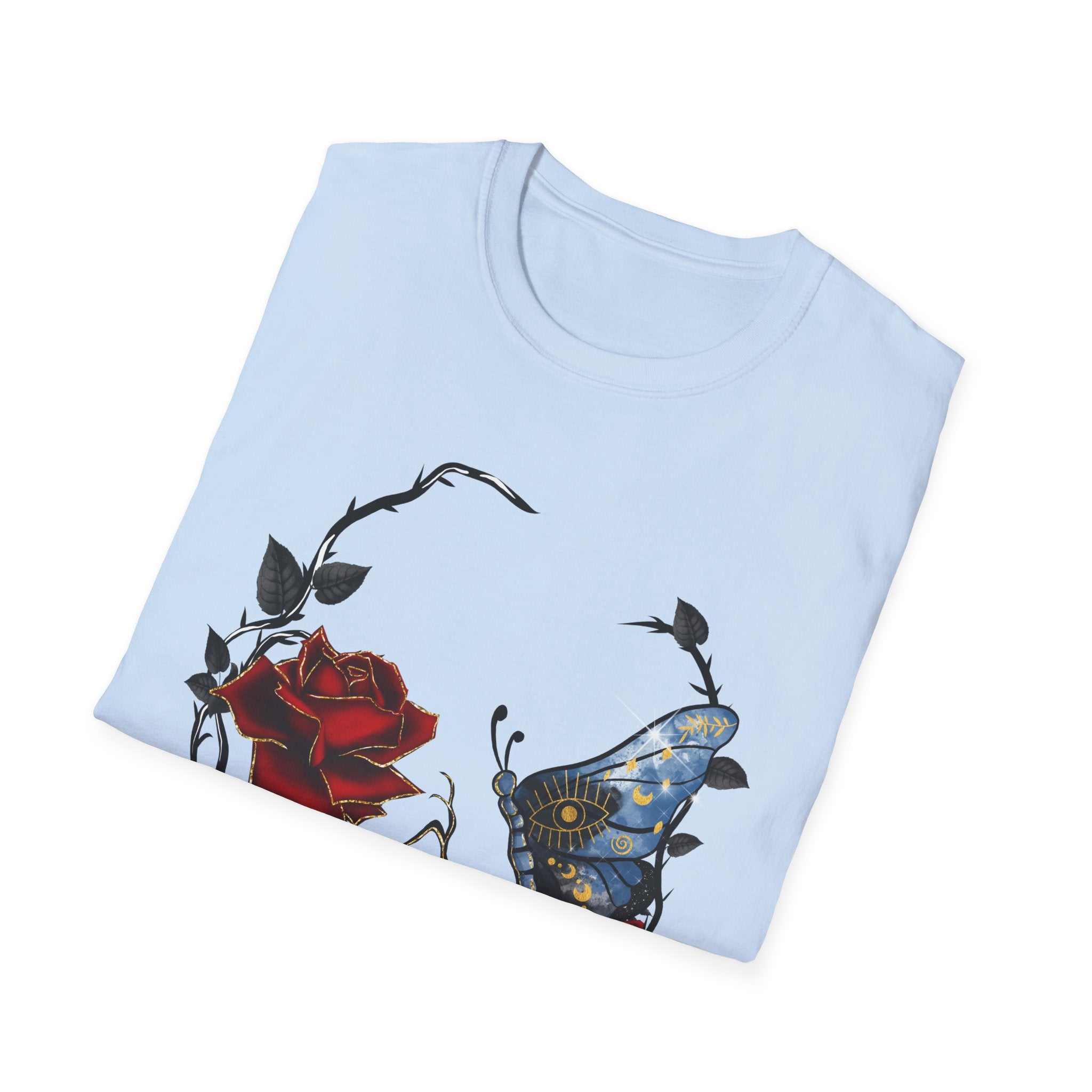 Mystic Moth & Crimson Rose Gothic T-Shirt | Celestial Butterfly Dark Aesthetic Design, Unisex Softstyle T-Shirt