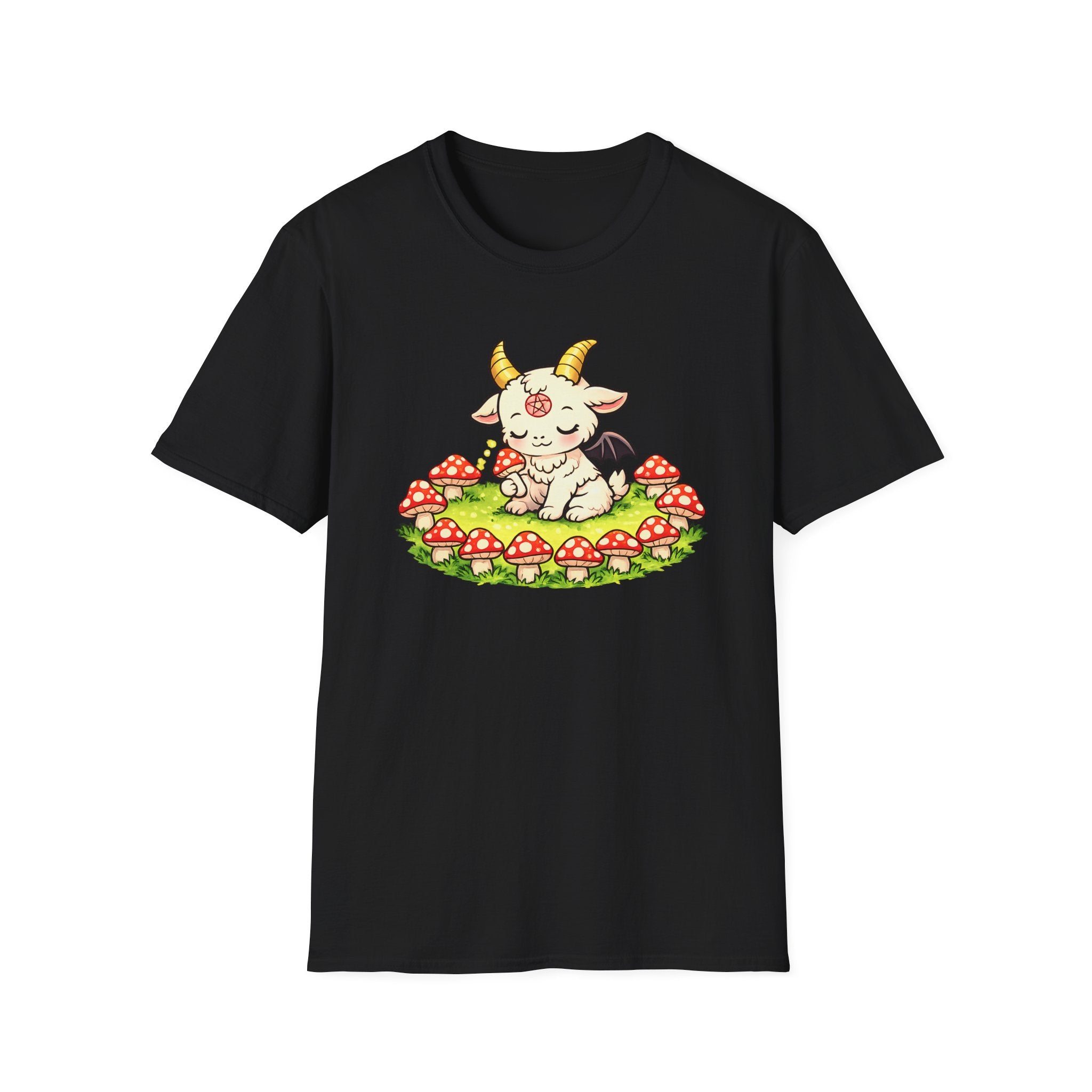 Cute Occult Baby Goat T-Shirt – Kawaii Dark Fantasy Mushroom Circle Design, Unisex Softstyle T-Shirt