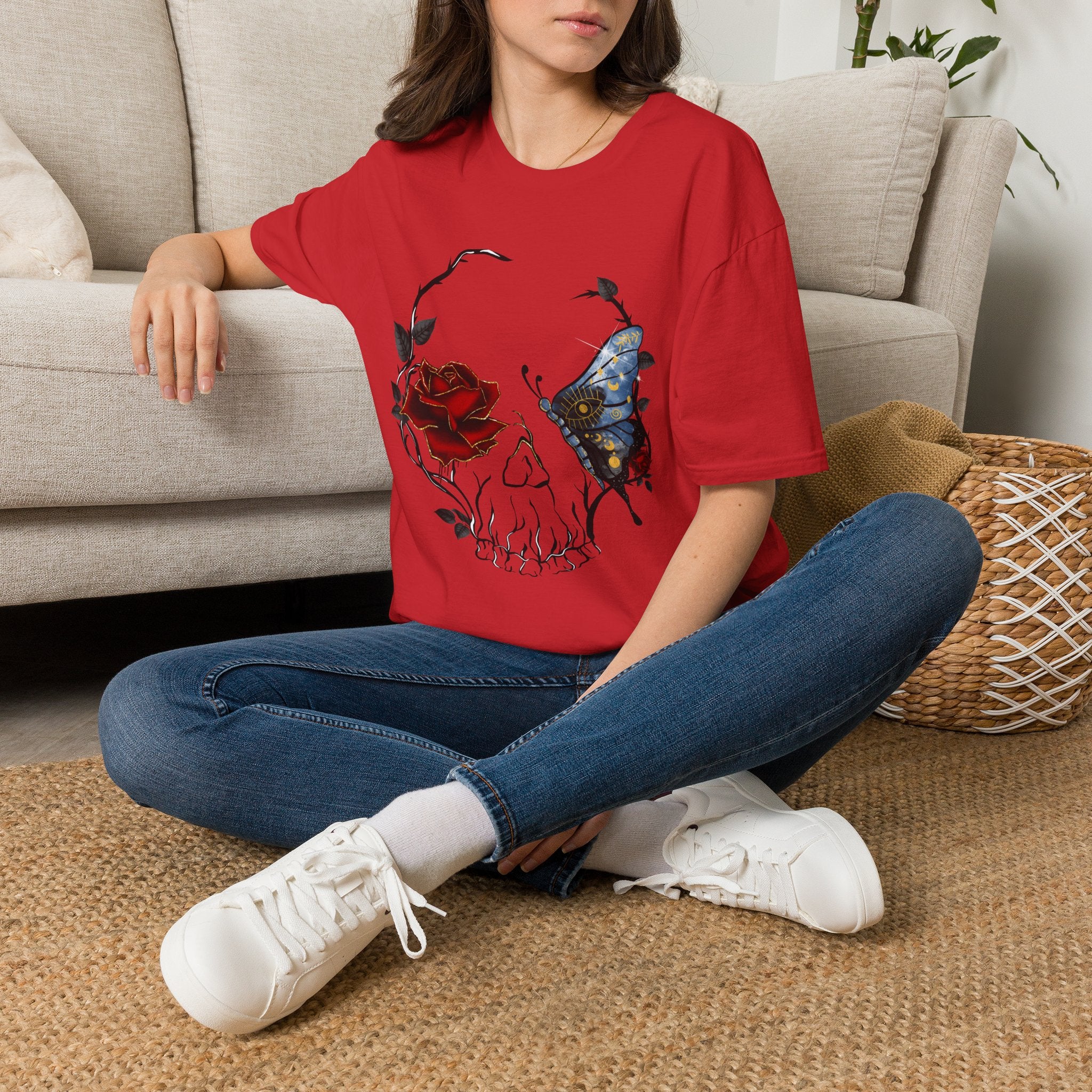 Mystic Moth & Crimson Rose Gothic T-Shirt | Celestial Butterfly Dark Aesthetic Design, Unisex Softstyle T-Shirt