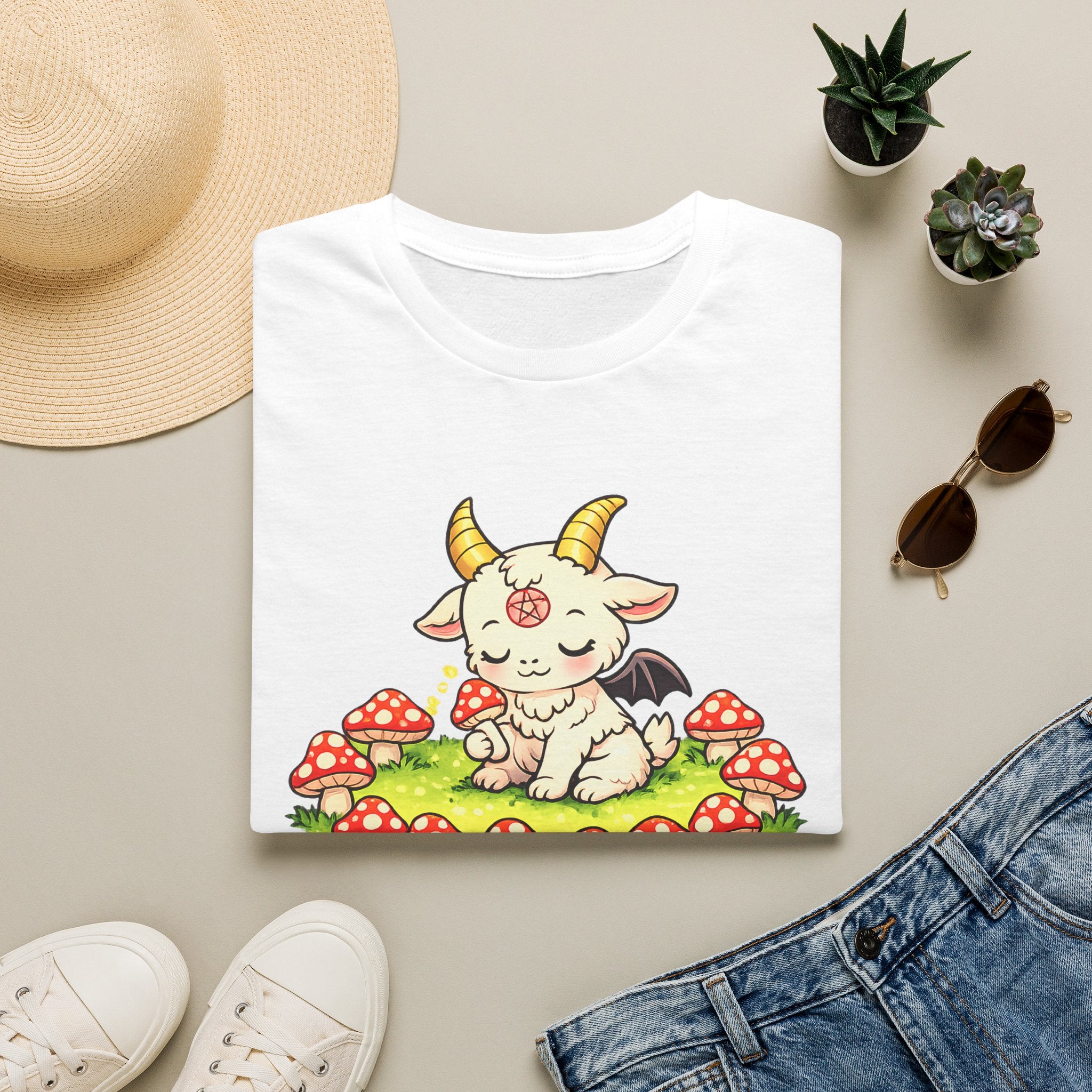 Cute Occult Baby Goat T-Shirt – Kawaii Dark Fantasy Mushroom Circle Design, Unisex Softstyle T-Shirt