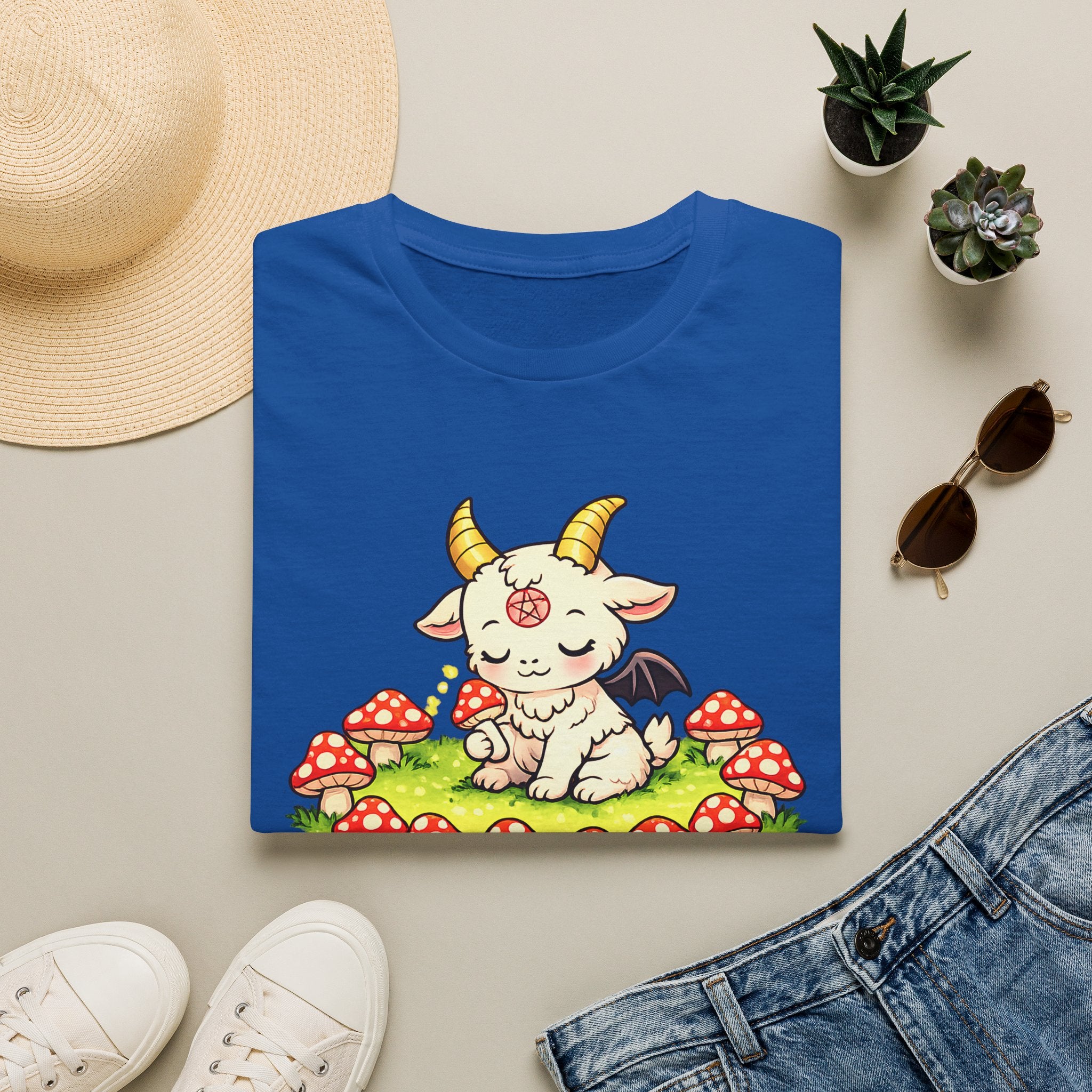 Cute Occult Baby Goat T-Shirt – Kawaii Dark Fantasy Mushroom Circle Design, Unisex Softstyle T-Shirt
