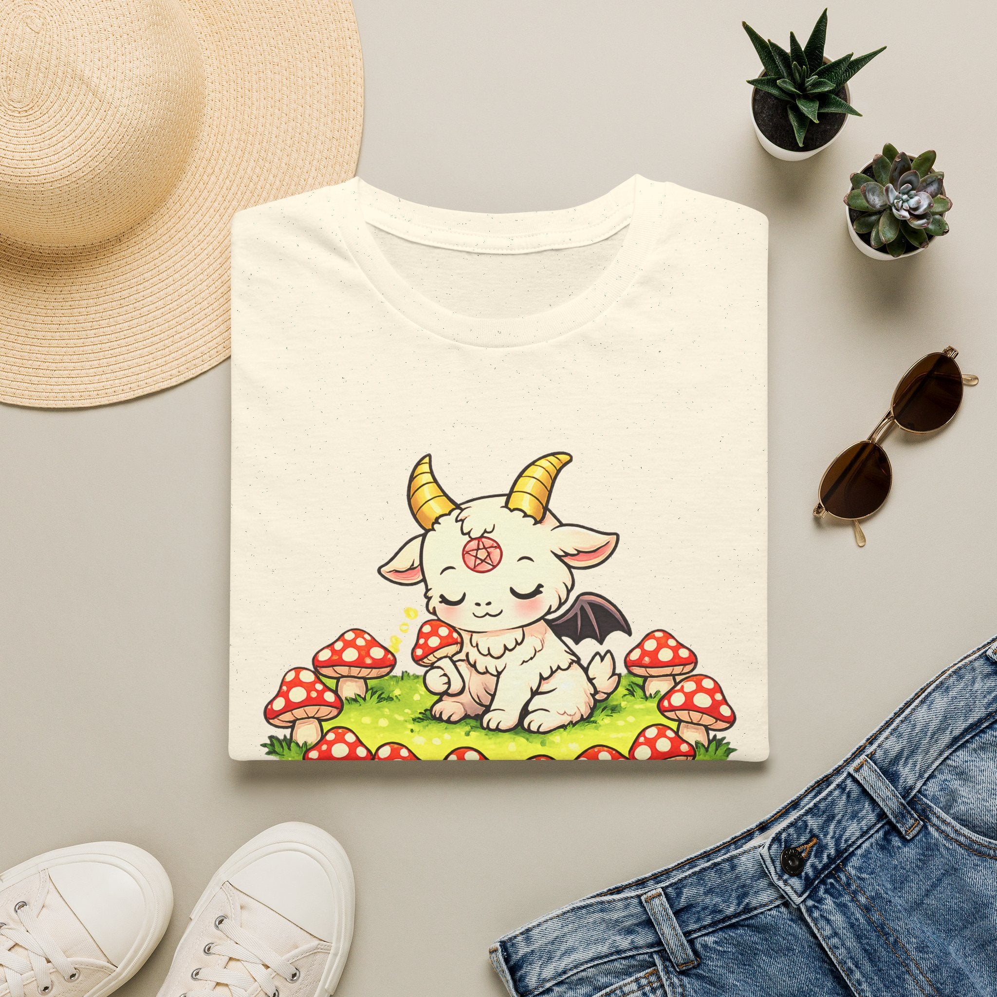 Cute Occult Baby Goat T-Shirt – Kawaii Dark Fantasy Mushroom Circle Design, Unisex Softstyle T-Shirt