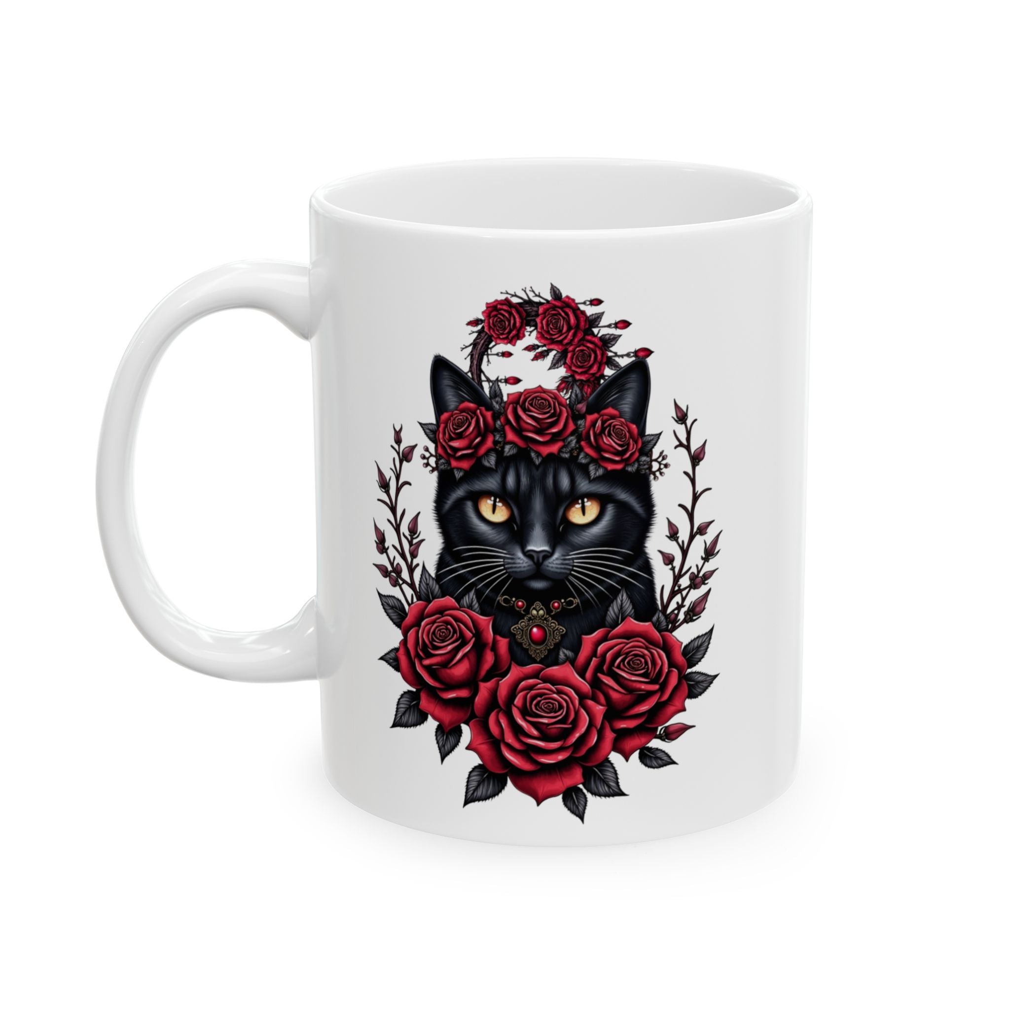 Midnight Rose Cat – Gothic Black Cat Floral Mug Design, Ceramic Mug, (11oz, 15oz)