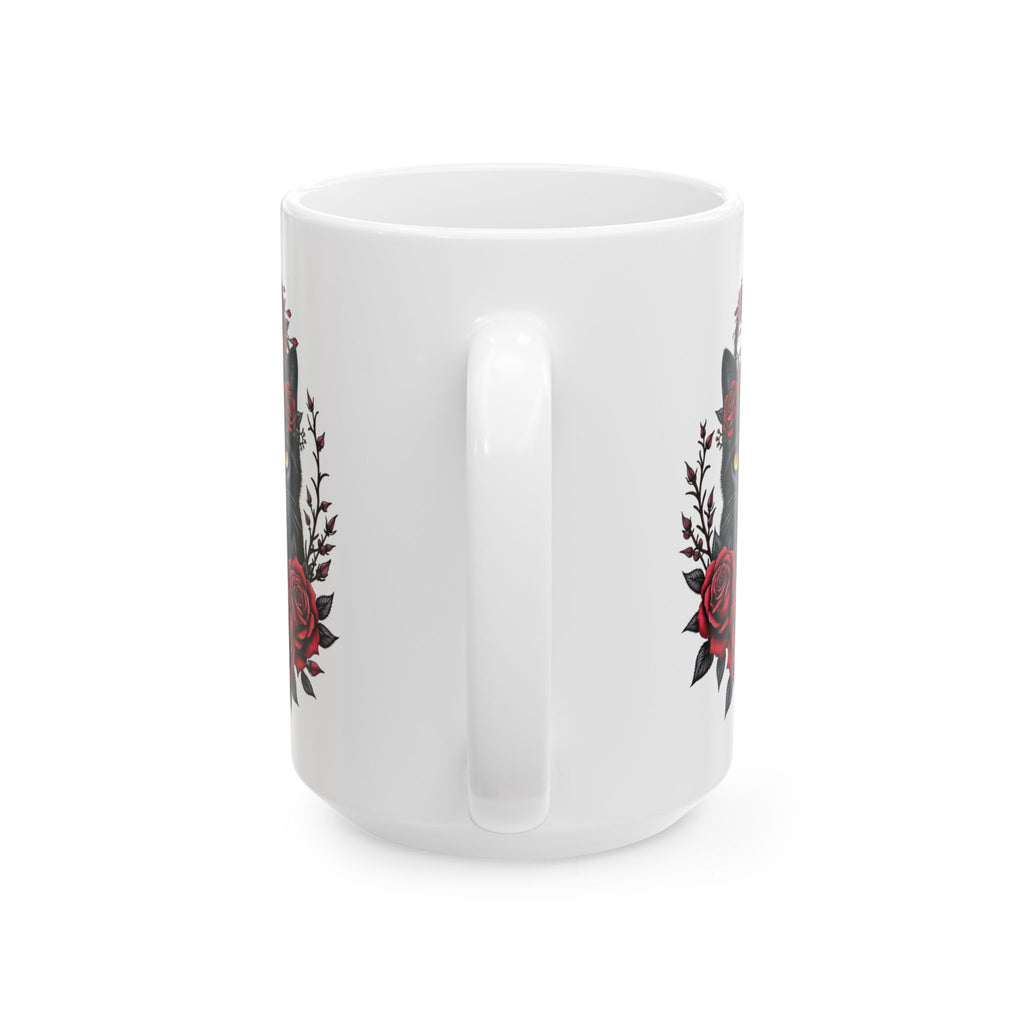 Midnight Rose Cat – Gothic Black Cat Floral Mug Design, Ceramic Mug, (11oz, 15oz)