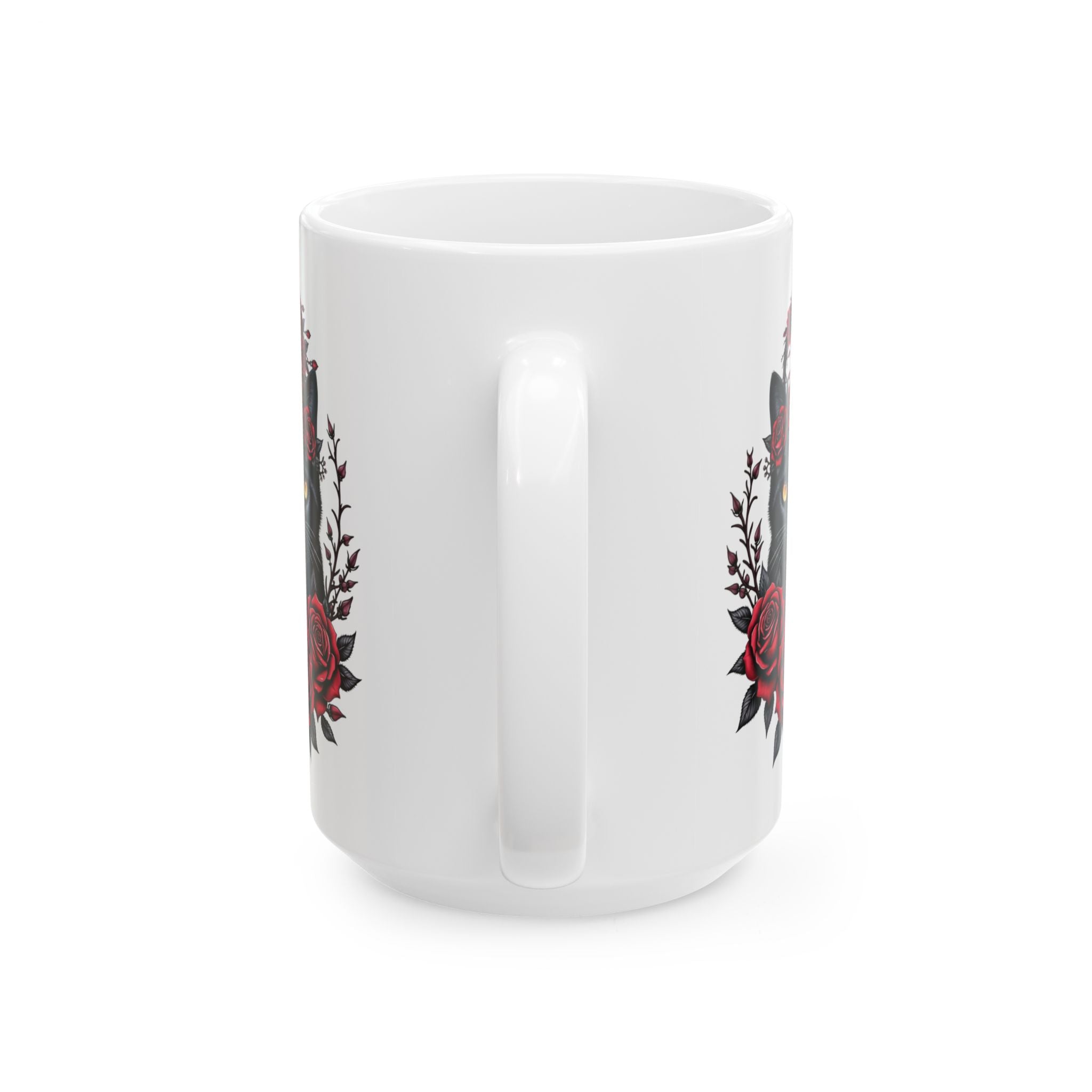 Midnight Rose Cat – Gothic Black Cat Floral Mug Design, Ceramic Mug, (11oz, 15oz)