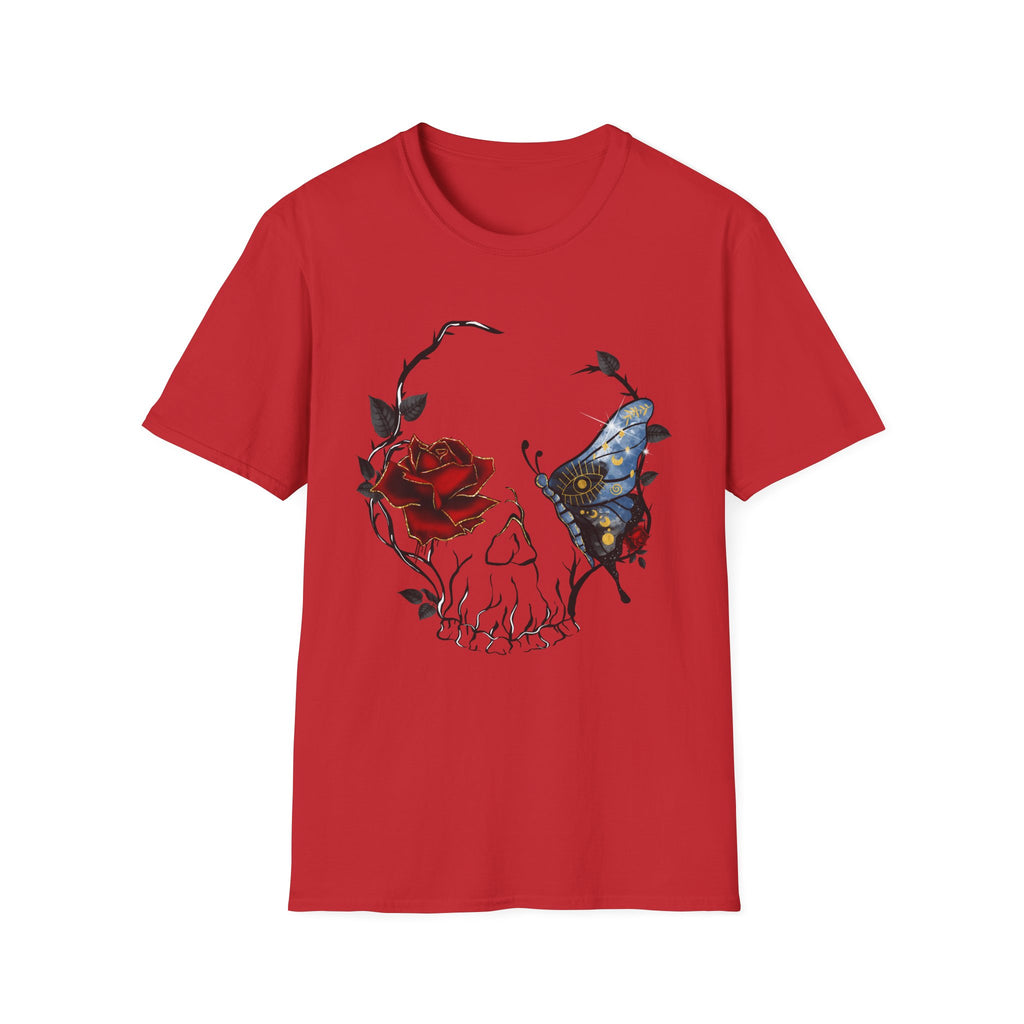 Mystic Moth & Crimson Rose Gothic T-Shirt | Celestial Butterfly Dark Aesthetic Design, Unisex Softstyle T-Shirt