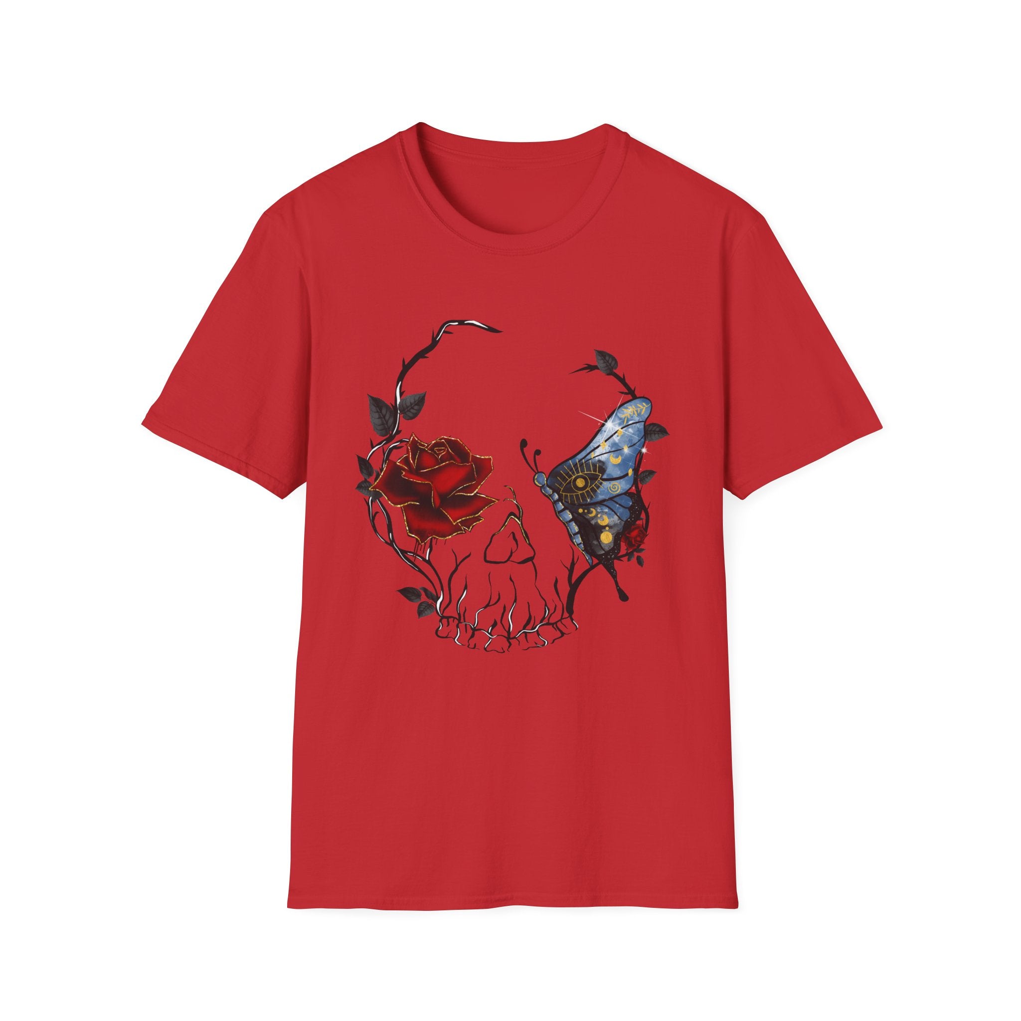 Mystic Moth & Crimson Rose Gothic T-Shirt | Celestial Butterfly Dark Aesthetic Design, Unisex Softstyle T-Shirt