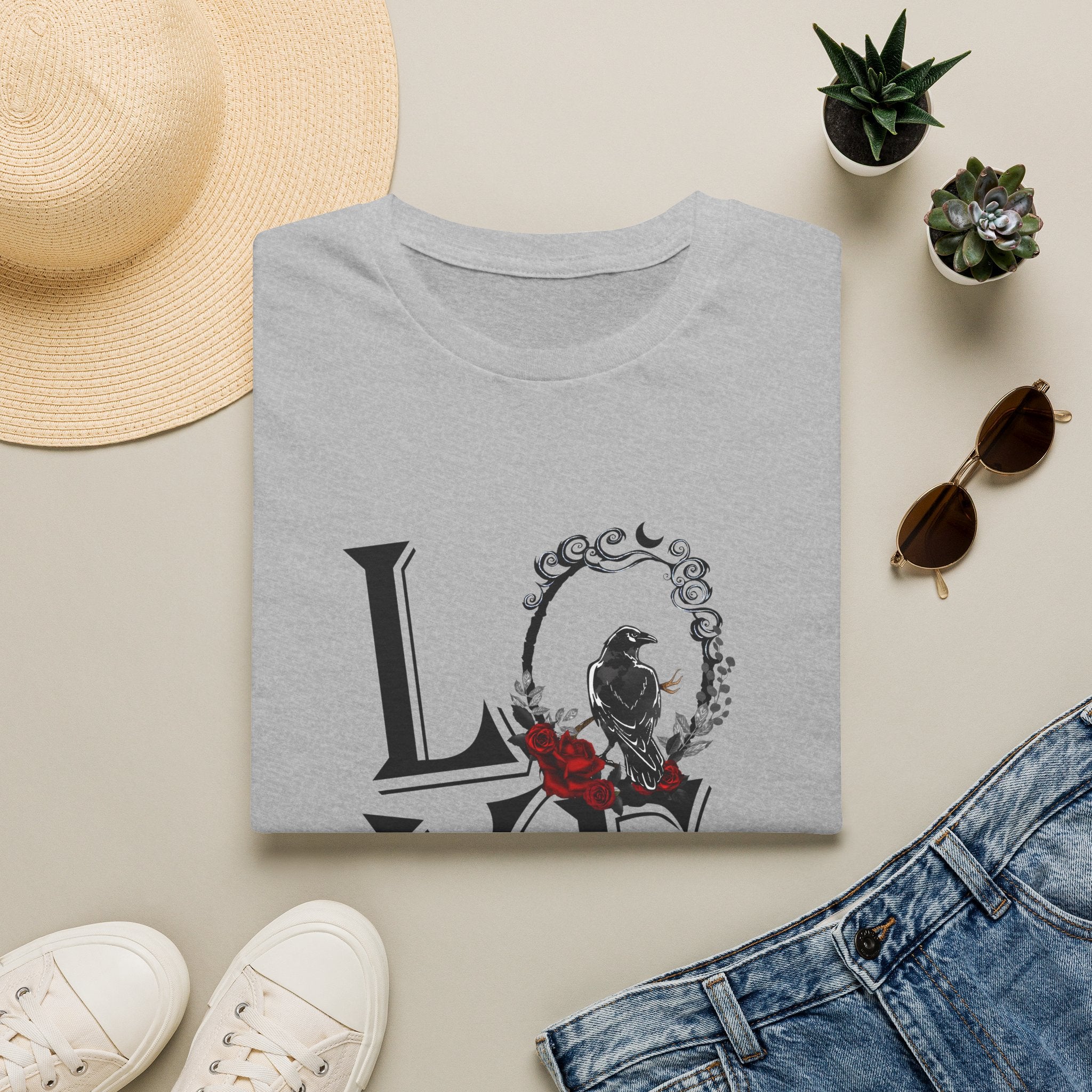 Dark Raven & Crimson Roses Gothic Aesthetic T-Shirt | Mystical Crow Floral Design, Unisex Softstyle T-Shirt