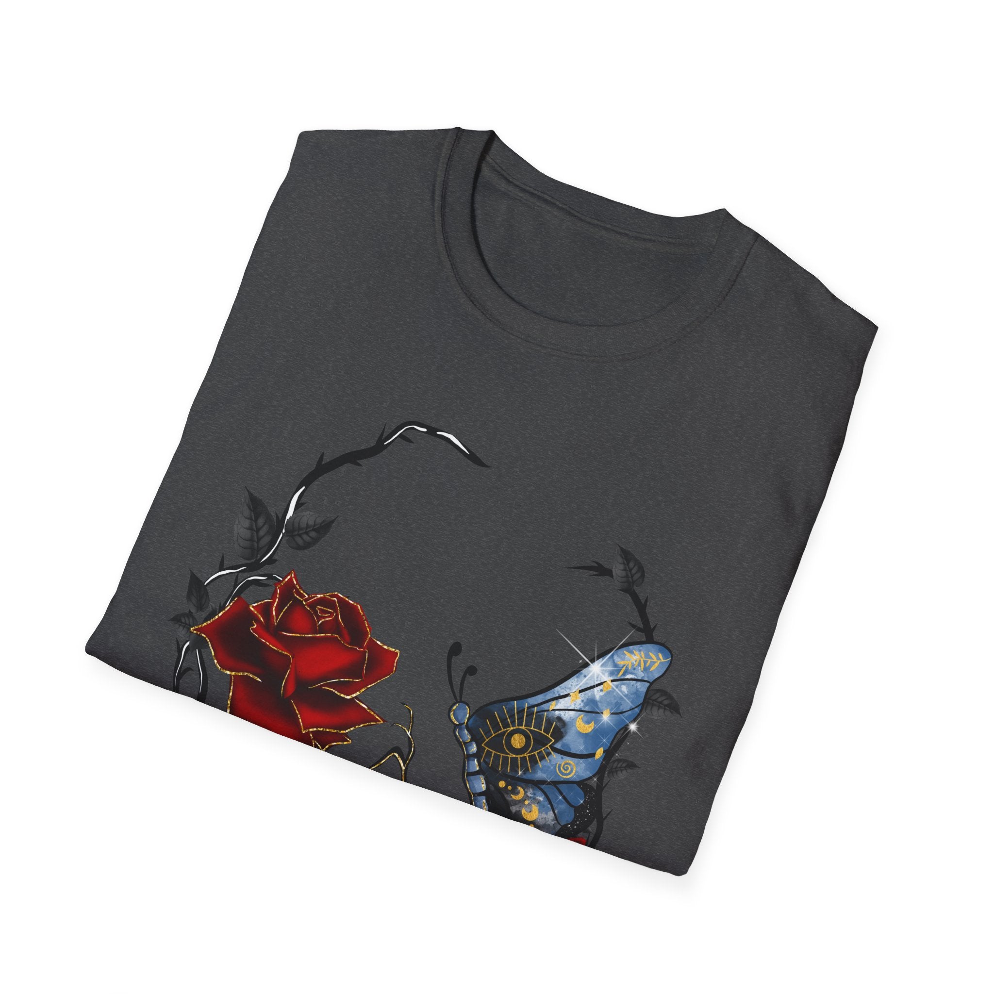 Mystic Moth & Crimson Rose Gothic T-Shirt | Celestial Butterfly Dark Aesthetic Design, Unisex Softstyle T-Shirt