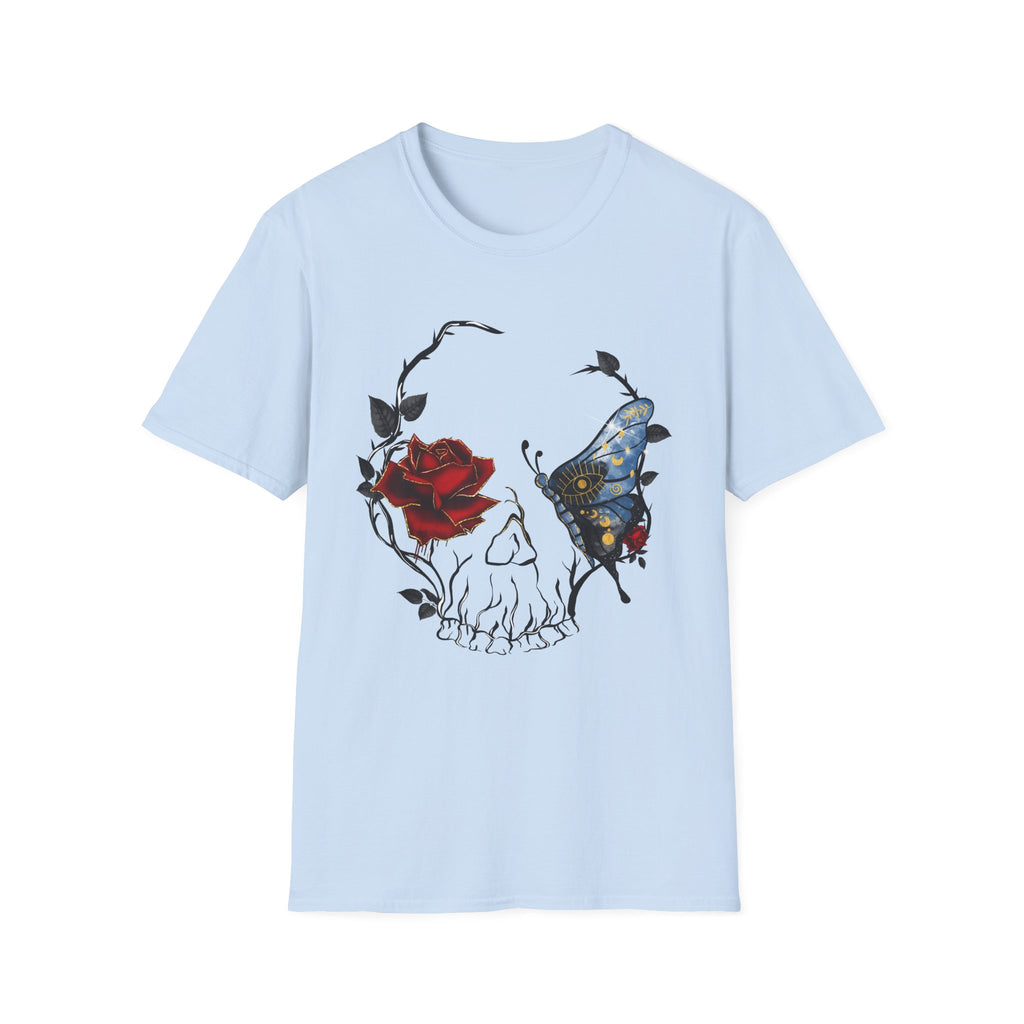 Mystic Moth & Crimson Rose Gothic T-Shirt | Celestial Butterfly Dark Aesthetic Design, Unisex Softstyle T-Shirt