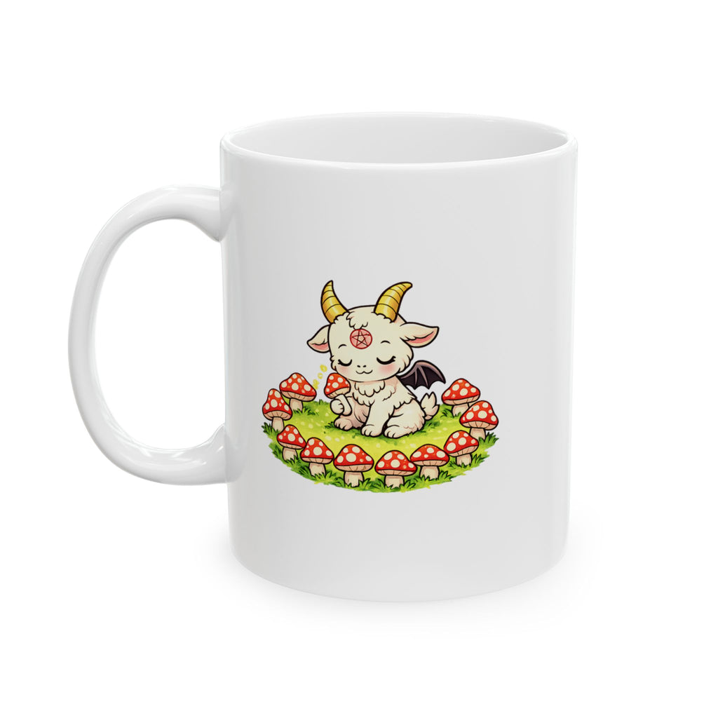 Cute Occult Baphomet Mug – Kawaii Dark Fantasy Mushroom Circle Design, Ceramic Mug, (11oz, 15oz)