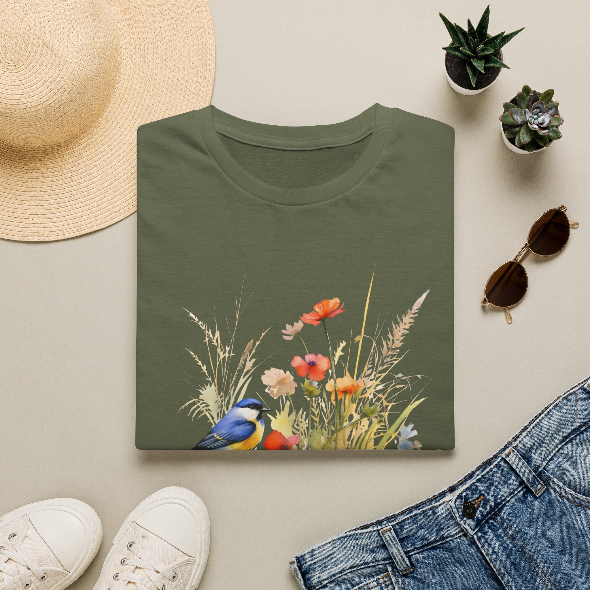 Wildflower Meadow & Butterflies Vintage Botanical T-Shirt, Unisex Softstyle T-Shirt