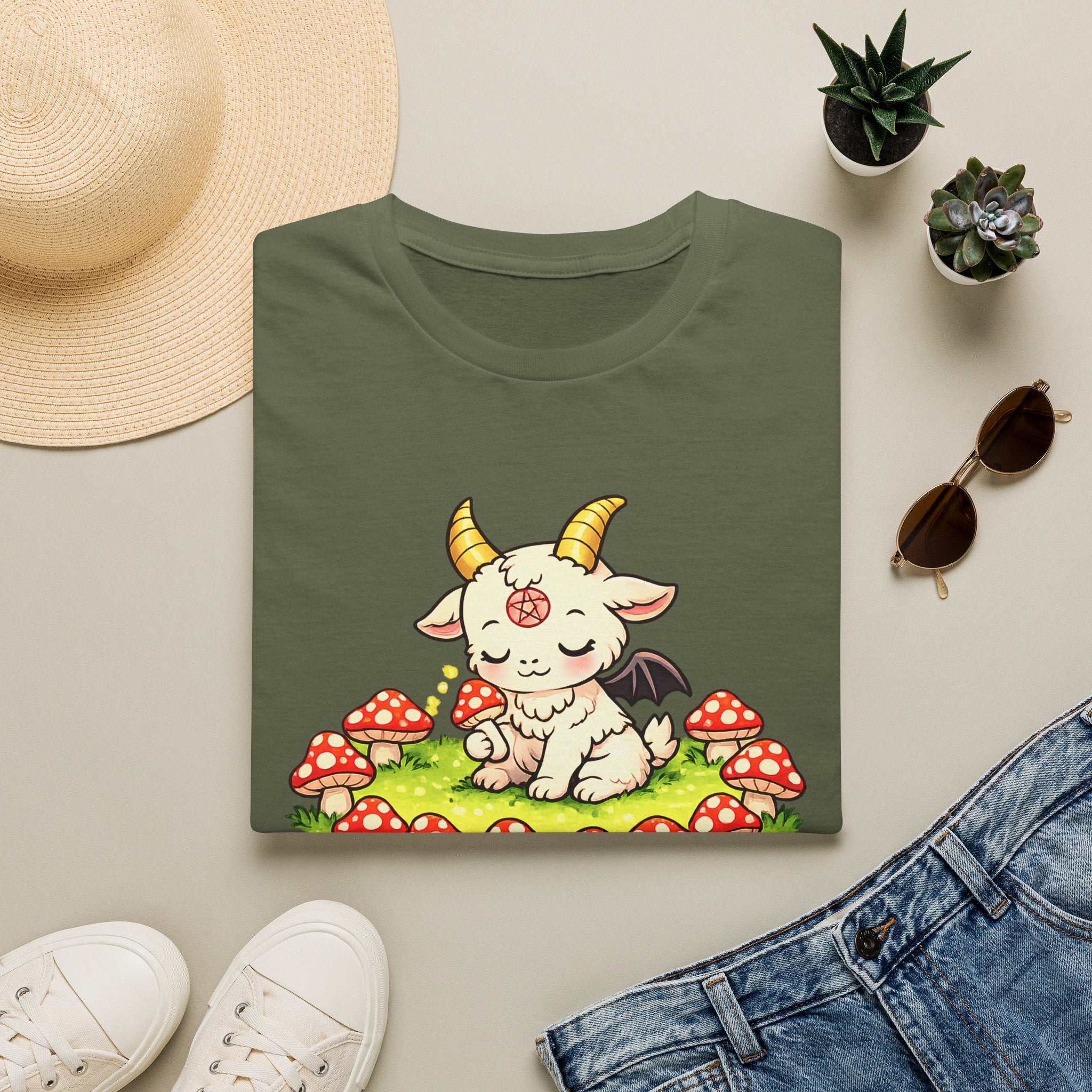 Cute Occult Baby Goat T-Shirt – Kawaii Dark Fantasy Mushroom Circle Design, Unisex Softstyle T-Shirt