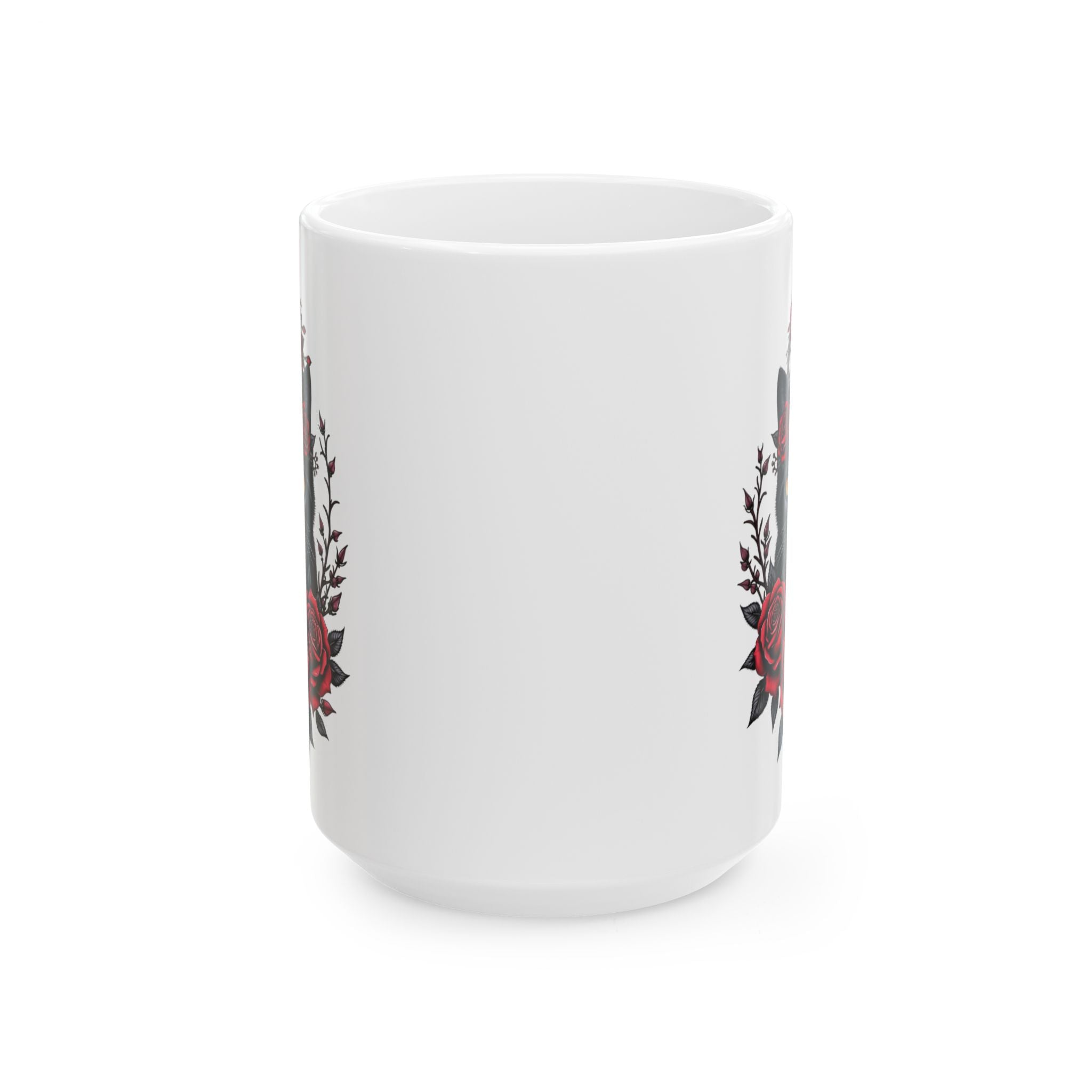 Midnight Rose Cat – Gothic Black Cat Floral Mug Design, Ceramic Mug, (11oz, 15oz)